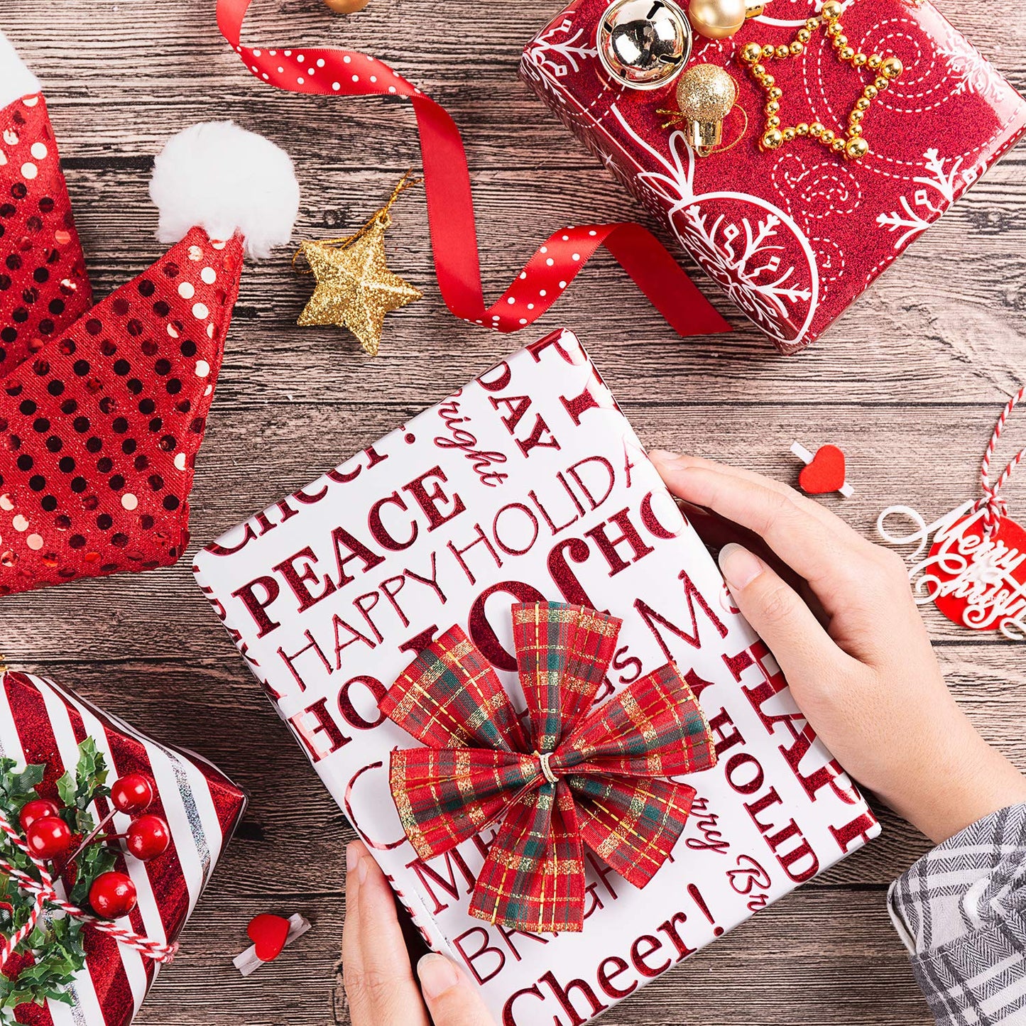 Christmas Wrapping Paper Set - Red and White Metallic Foil Shine Christmas Wrapping Paper Bundle with Gift Bow & Ribbon & Tag & Sticker