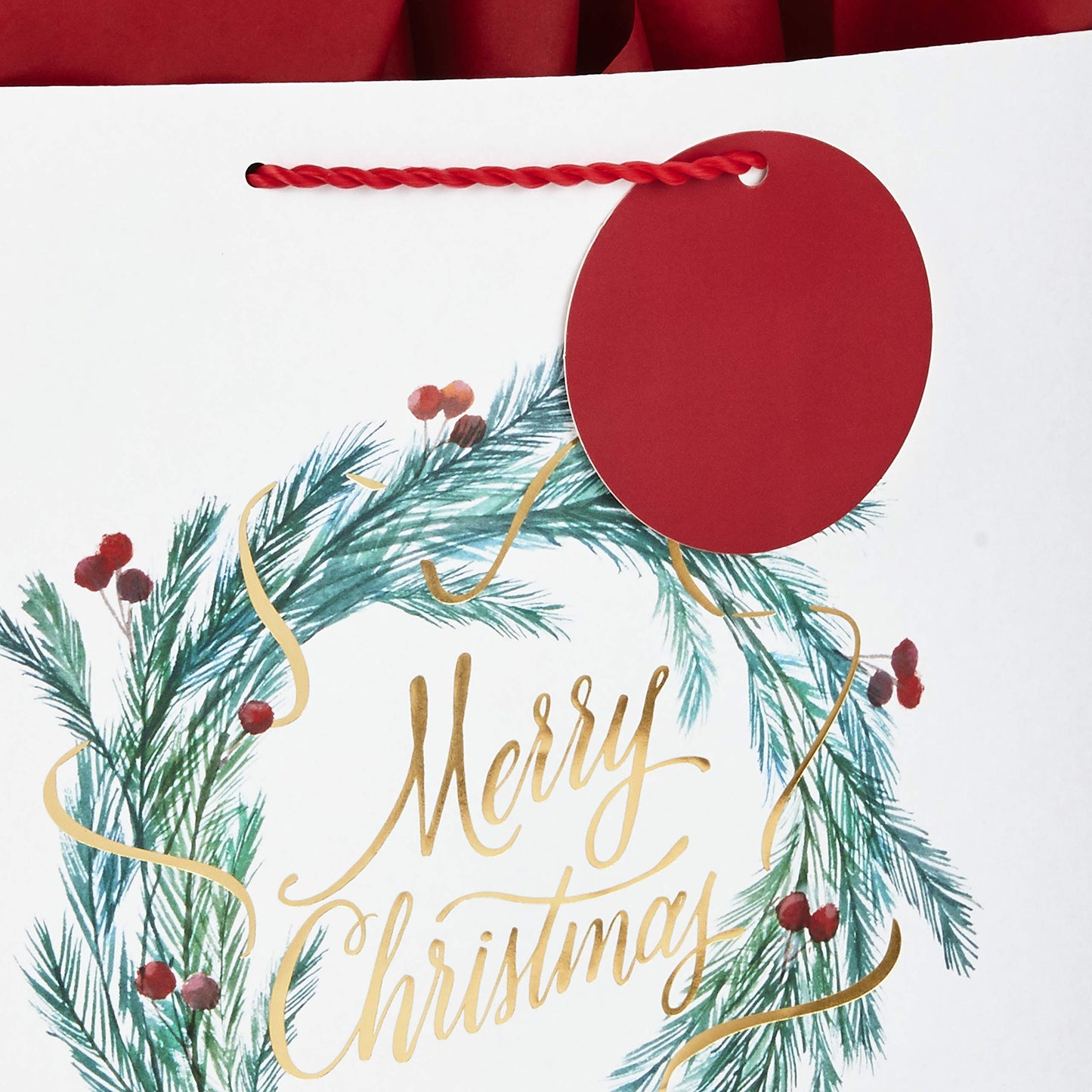13" Large Christmas Gift Bag Assortment with Tissue Paper (3 Bags: "Merry Christmas" Wreath, Gold Joy, Snowy Red Barn) Red, White, Gold Foil