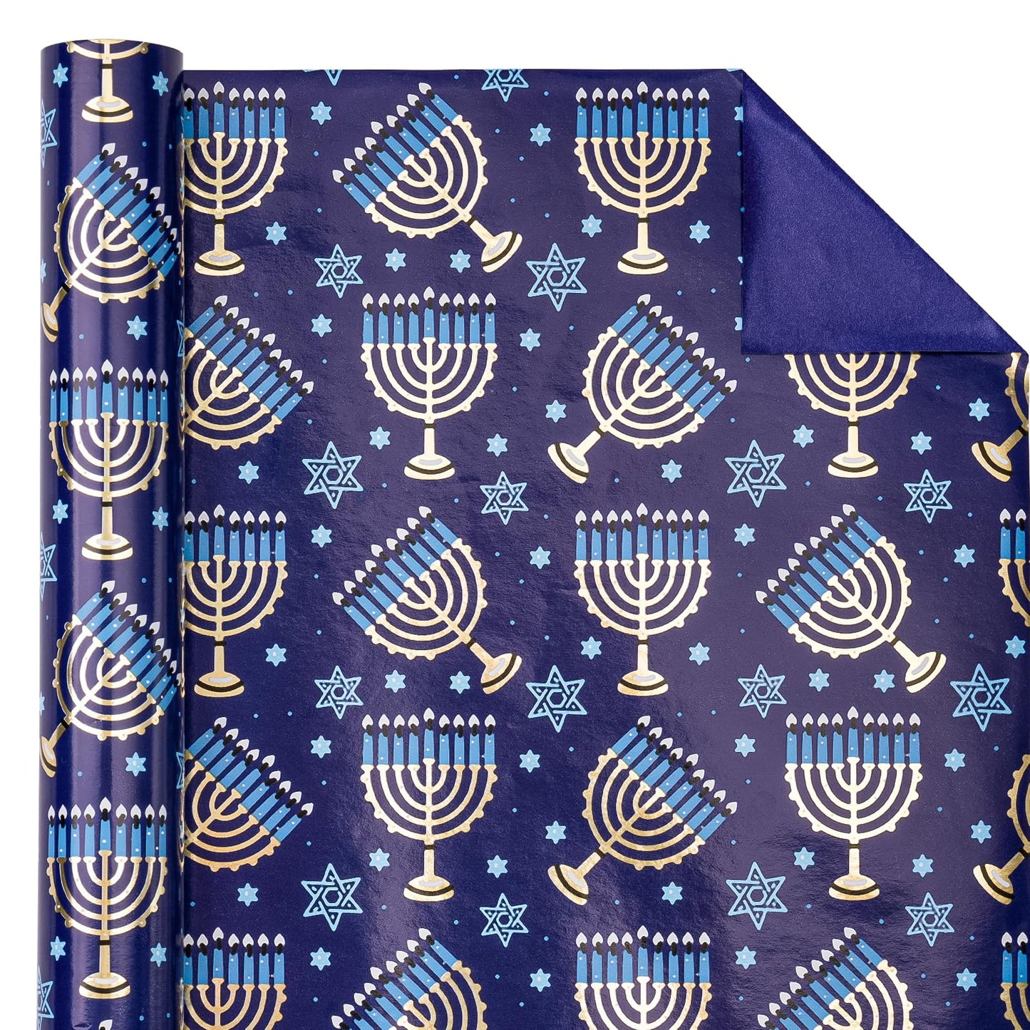 Reversible Hanukkah Wrapping Paper - Mini Roll - 17 Inch x 33 Feet - Blue Menorah Lights Chanukah Wrapping Paper Perfect for Hanukkah, Chanukah, Holiday