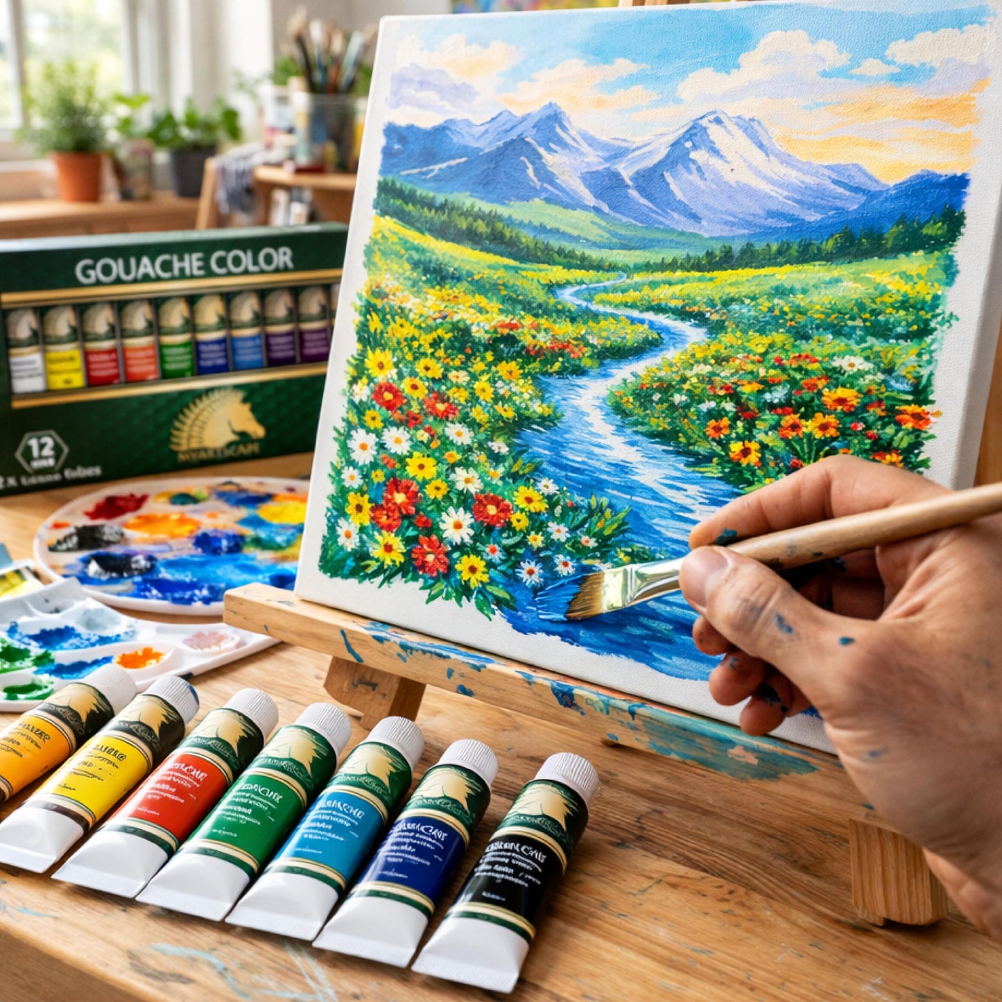 MyArtscape Gouache Paint Set, 12 Colors, 12 x 0.4 fl oz (12 ml) Tubes, Artist Quality High Pigment Matte Rewettable Gouache Paints for Canvas, Illustration & Professional Art