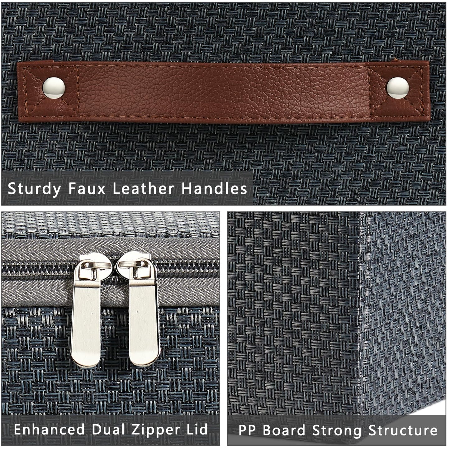 Storage Bins with Lid Fabric Storage Box Basket PU Leather Handle Textured Woven Cotton Linen Decorative Foldable Washable Shelf Closet Organizer Container (Zipper Lid, Gray, Small)