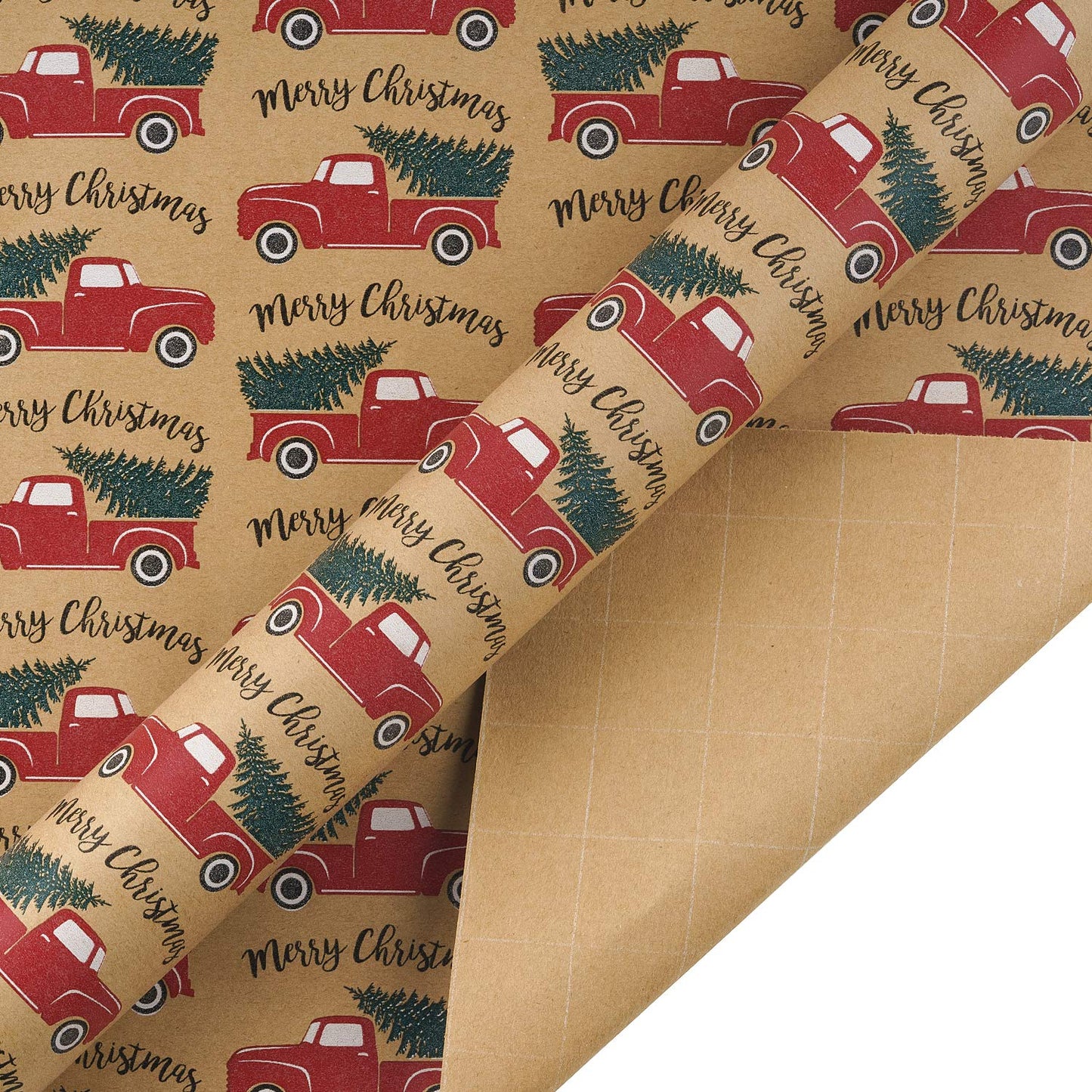 Wrapping Paper, Kraft Paper - Snowflakes, Car and Christmas Tree, Stripes and Merry Christmas - 4 Rolls - 30 inches x 10 feet per Roll