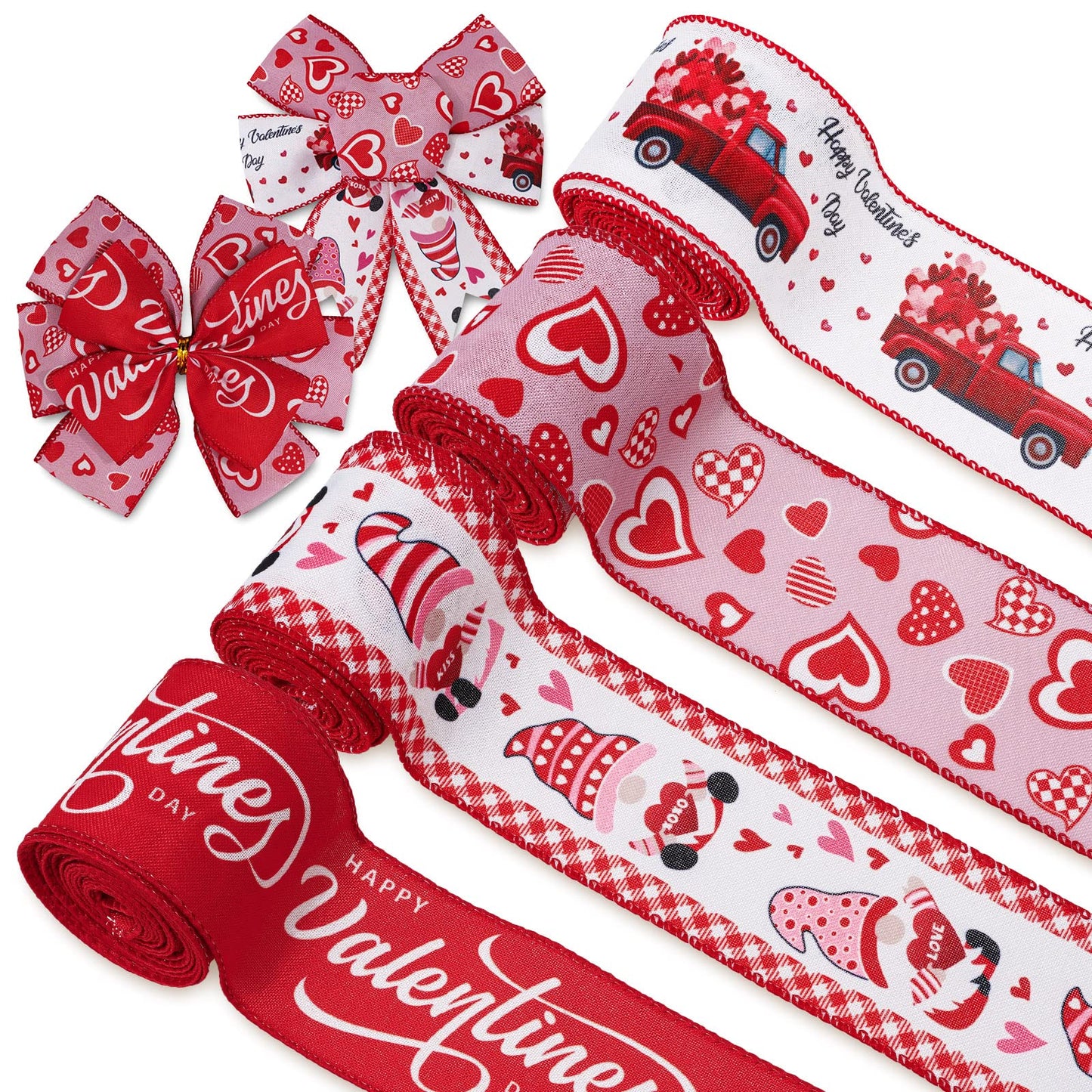 Valentine's Day Wired Edge Ribbon 2.5 Inch Red Pink Heart Love Gnome Truck Fabric Ribbon Sweet Wedding Anniversary Craft Ribbon for Wrapping DIY Bow Wreath Crafts Making, 24 Yards
