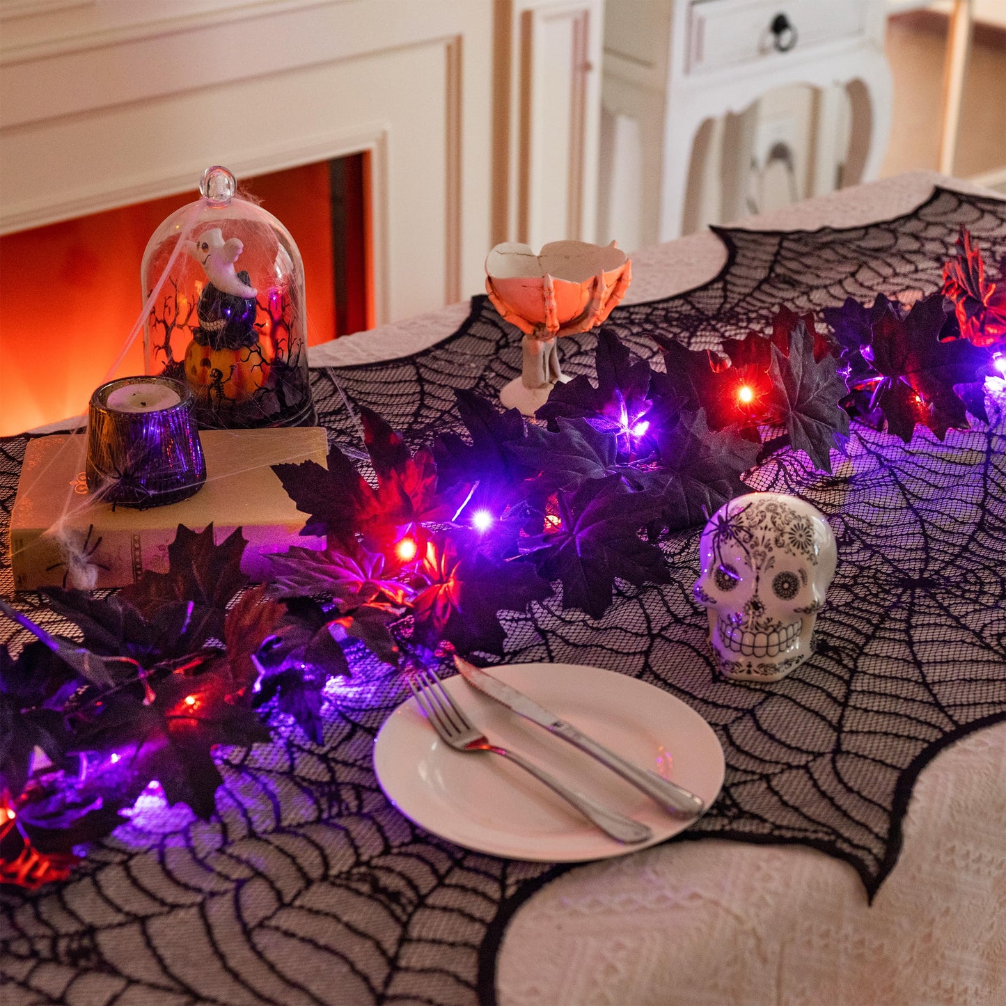 Valery Madelyn 9ft Halloween Garland with Lights, Thick Pre-Lit Light Up Black Maple Leaf Garland Halloween Decor for Mantle Fireplace Table Home Indoor