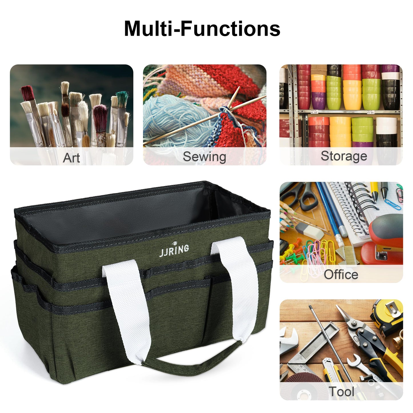 JJRING Craft Organizer Tote Bag, Art Storage Caddy with Multiple Pockets, Sap Green Sewing Bag for Art, Craft, Scrapbooking, Medical, and Office Supplies Storage