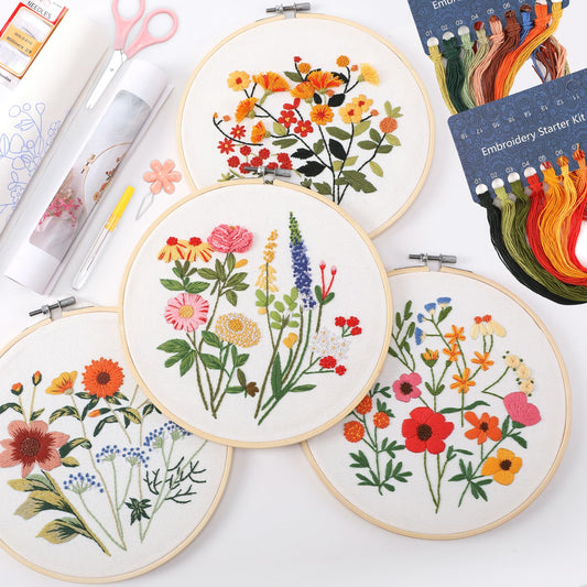 4 Sets Embroidery Kit for Beginners with Stitch Video, Flower Cross Stitch Kits for Adults, Starter, Hand Craft Lover Practice with Floral Stamped Pattern, 2 Hoops, Needles, Scissors, Tools