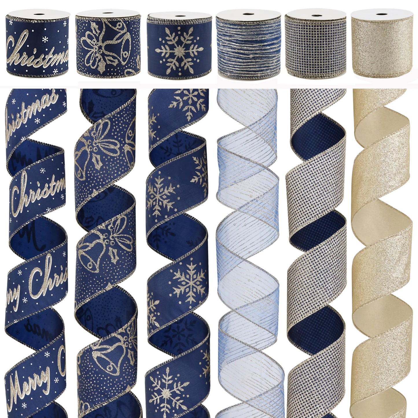 DINDOSAL Navy Blue and Gold Christmas Tree Ribbon - 2.5 Inch Wired Ribbon, 6 Rolls for Wreaths, Bows, Decorations