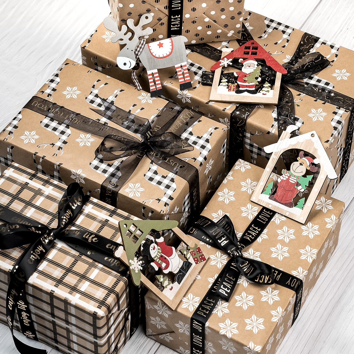 Christmas Wrapping Paper, Kraft Paper - Deer, Snowflake and Plaid Style Designs - 4 Rolls - 30 inches x 10 feet per Roll