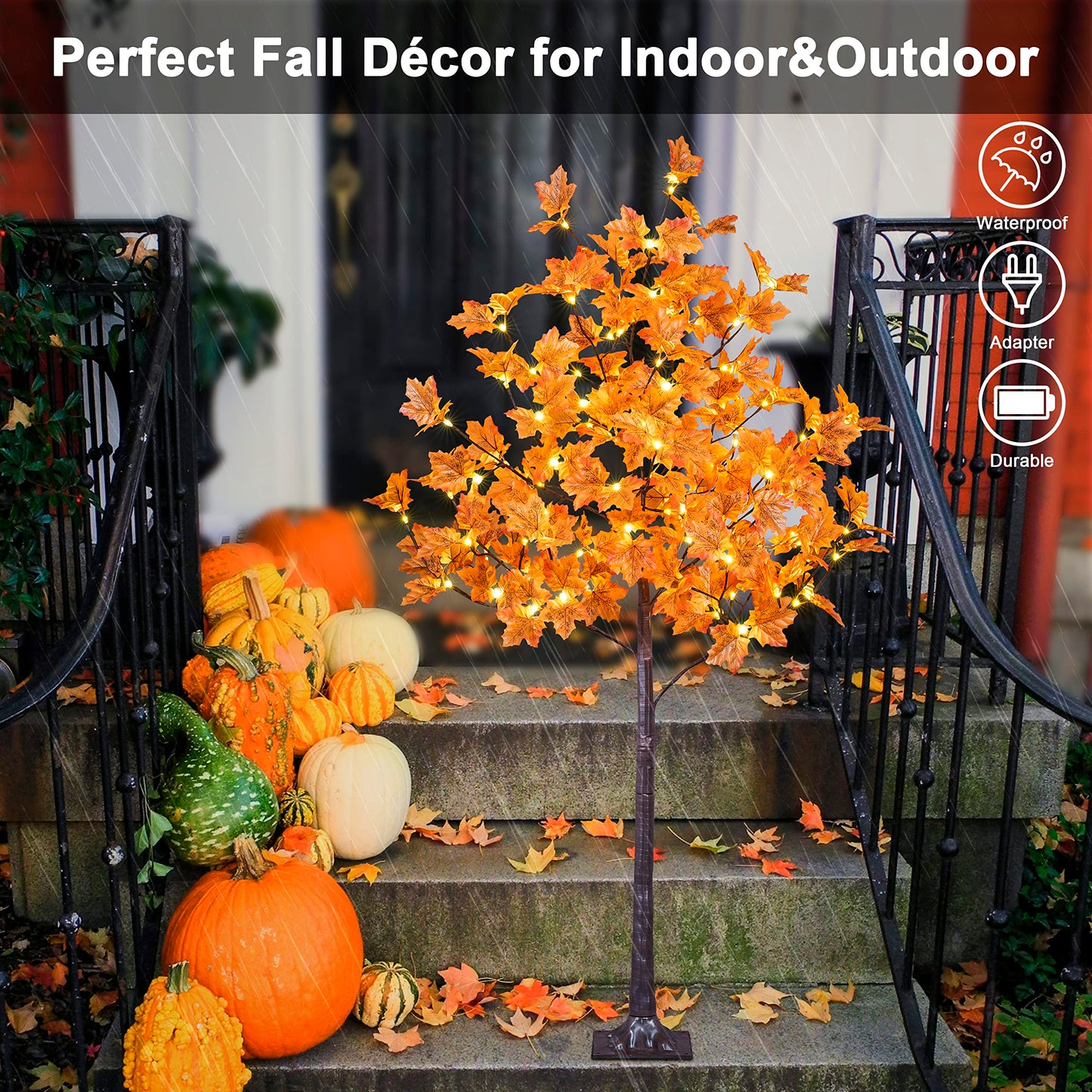 LIGHTSHARE 5FT 96LED Artificial Lighted Maple Tree Warm White Halloween Fall Decorations Indoor Ourdoor, Orange