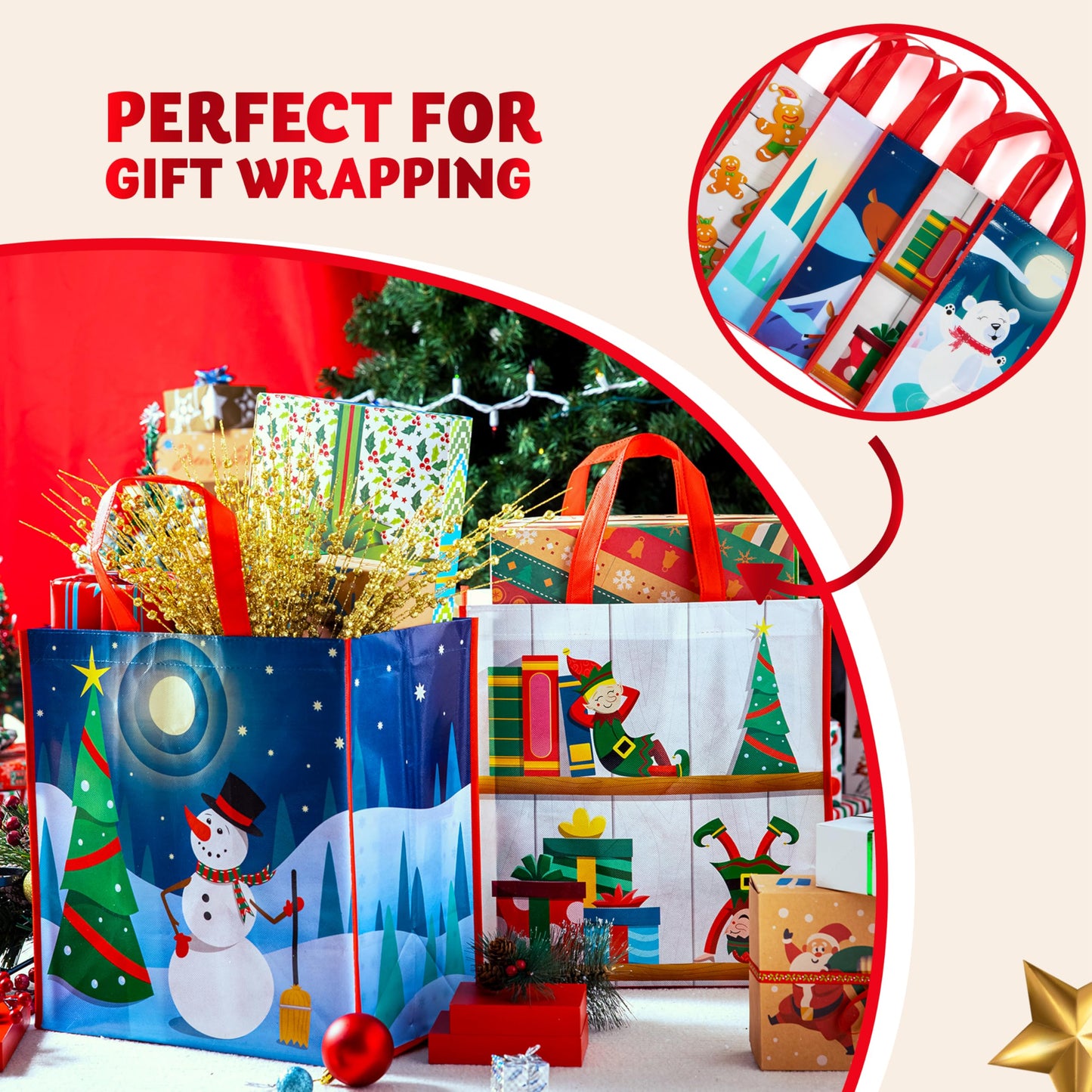 12 PCS Christmas Large Gift Bags with Handles 13.75" x 14", Non-Woven Tote Bag for Wrapping Xmas Party Favors, Reusable Grocery Bags, Party Supplies