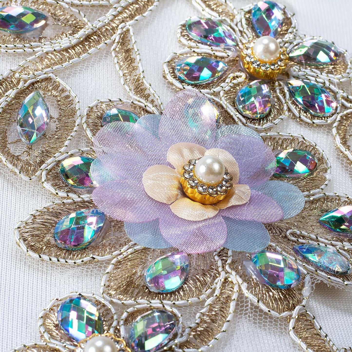 Silvora Pair Embroidered Beaded Pearl Flower Fabric Colorful Rhinestones Applique, Handmade Sewing Tool for Wedding Dress Gown Bodice Costume Clothing Craft DIY