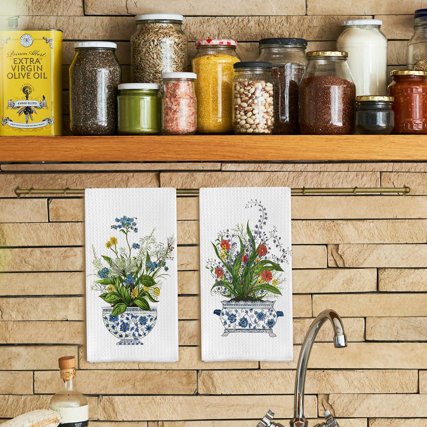 Qpenm Chinoiserie Floral Kitchen Towels Set of 2 - Retro Flower Chinoiserie Dish Towels for Kitchen, Chinoiserie Kitchen Hand Towels, Chinoiserie Waffle Weave Tea Towels Decorative Set 16 X 24 Inch