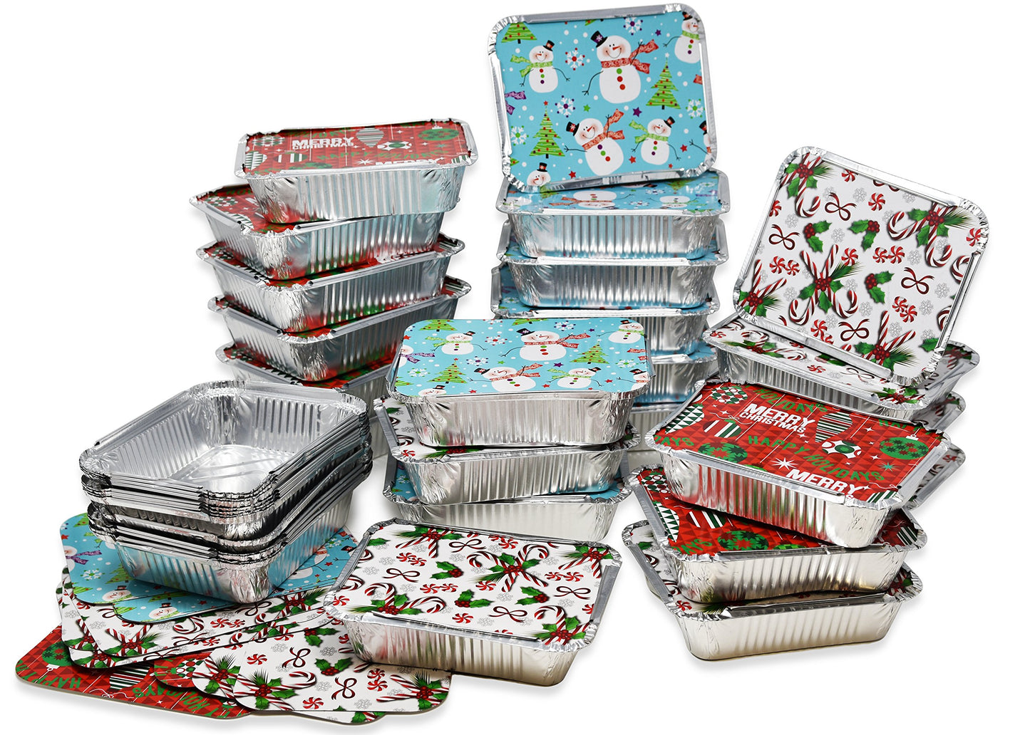 36 Count Christmas Tin Foil Containers with Lid Covers For Cookies in 3 Holiday Designs Aluminum Disposable Food Storage Pans For Treat Exchange & Goody Party Leftovers 5"W X 7"L X 1.5"