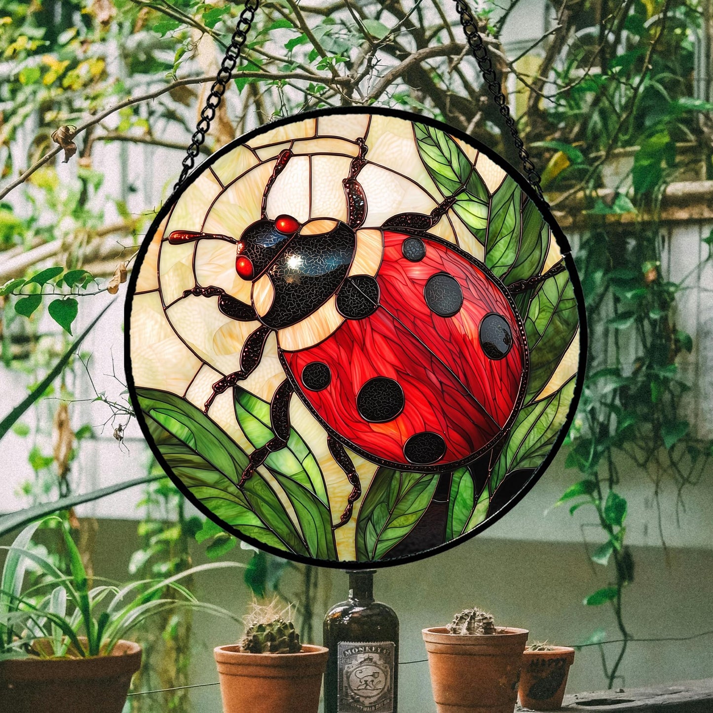 AMDERVEN Stained Glass Window Hanging - Red Seven-Spotted Ladybug Sun Catcher for Door Home Decor Insect Suncatcher Christmas Mother's Day Birthday Gifts for Women Men Mom Nana 6.3 in