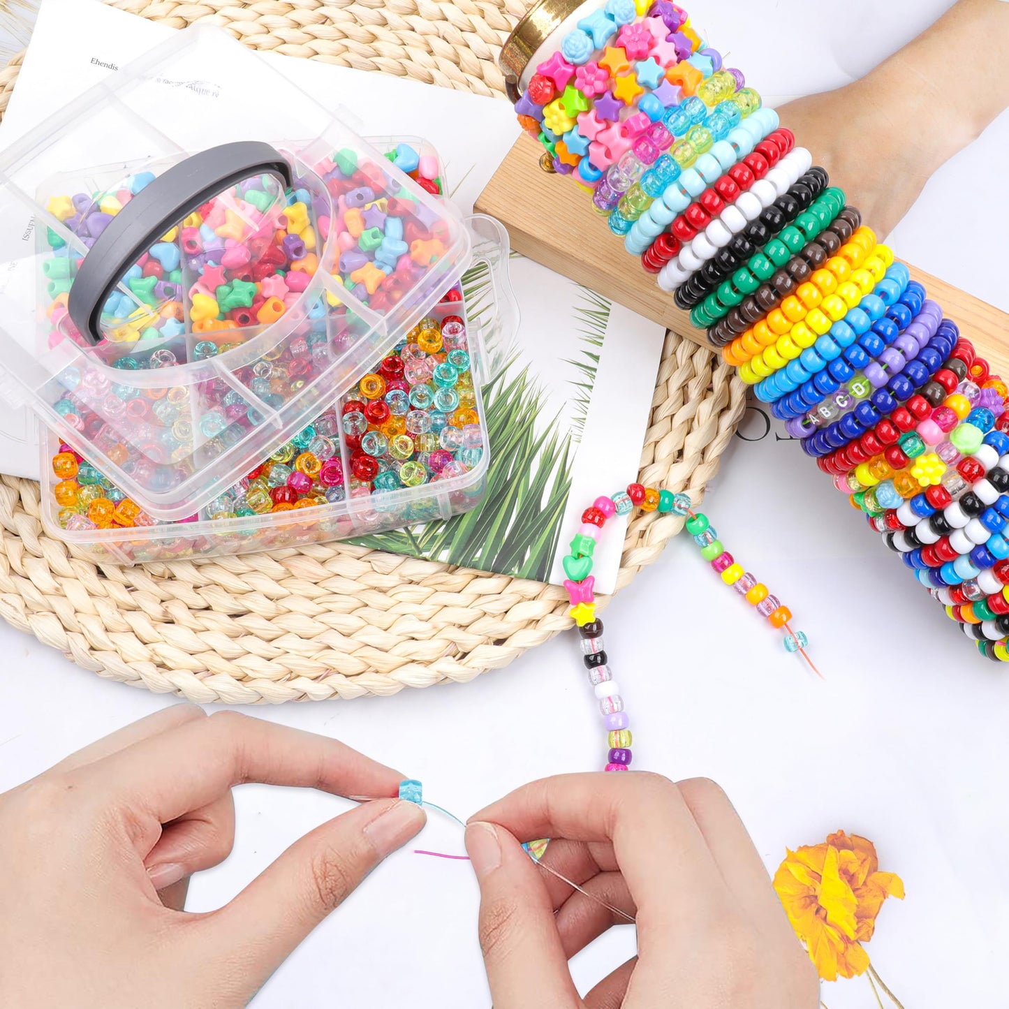 KAKW 4800 Pcs Pony Beads for Friendship Bracelets 6x9mm 18 Solid 8 Color Shapes 10 Glitter Plastic Beads for Jewelry Making Supplies Necklaces Keychains Hair Braid DIY Craft Accessories