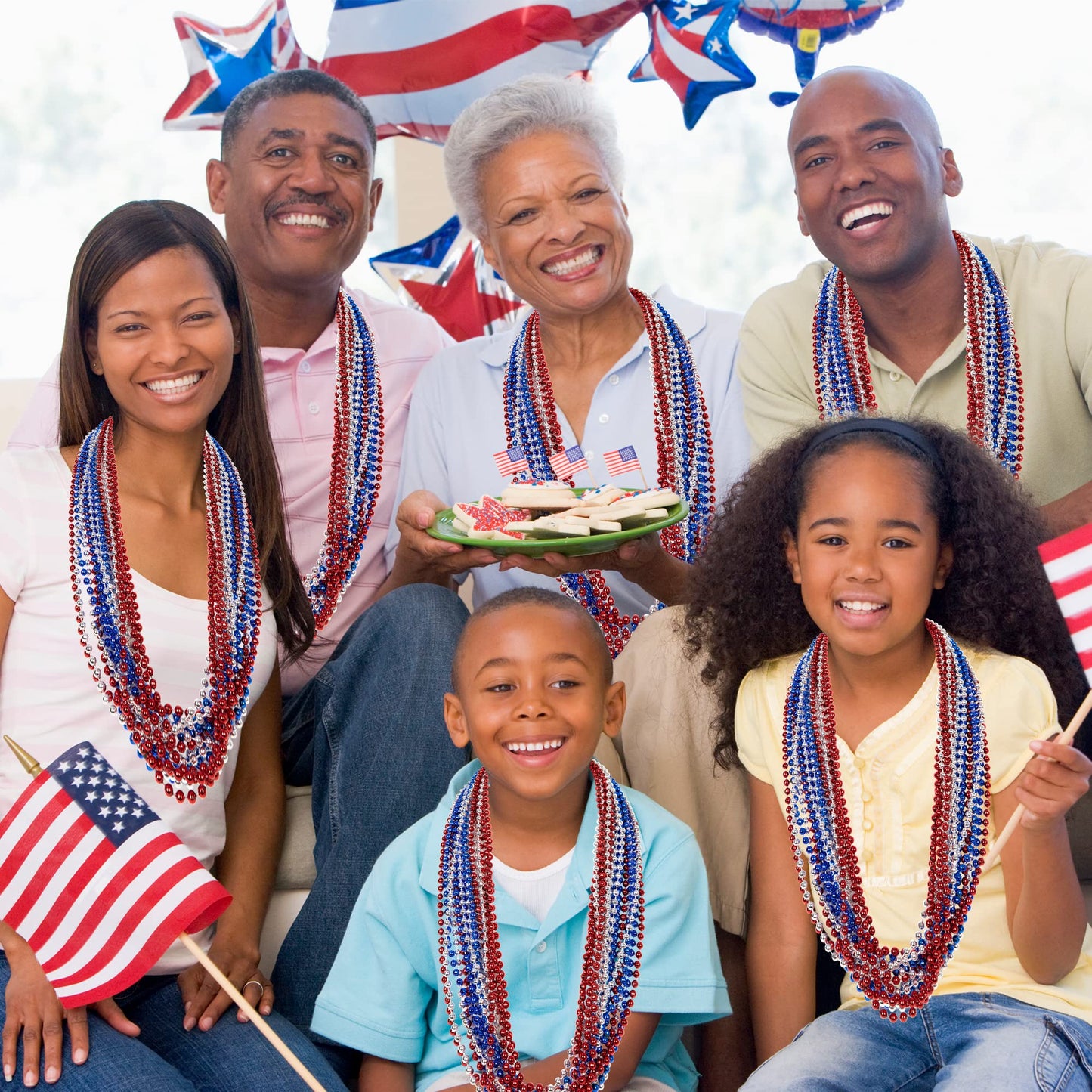 100PCS 4th of July Accessories: Independence Day Beads Necklace Bulk, Fourth of July Red Blue Silver Necklace Party Favors for Patriotic Parade Party Celebration Favors Decorations