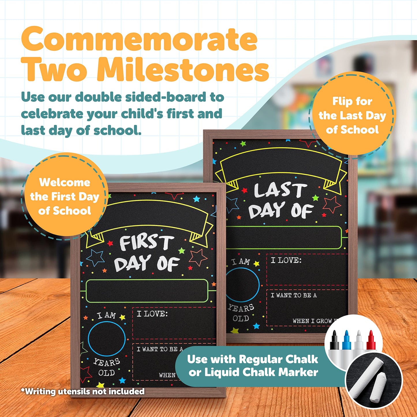 First Day Last Day of School Chalkboard Double Sided Sign with Frame - 14" x 10"