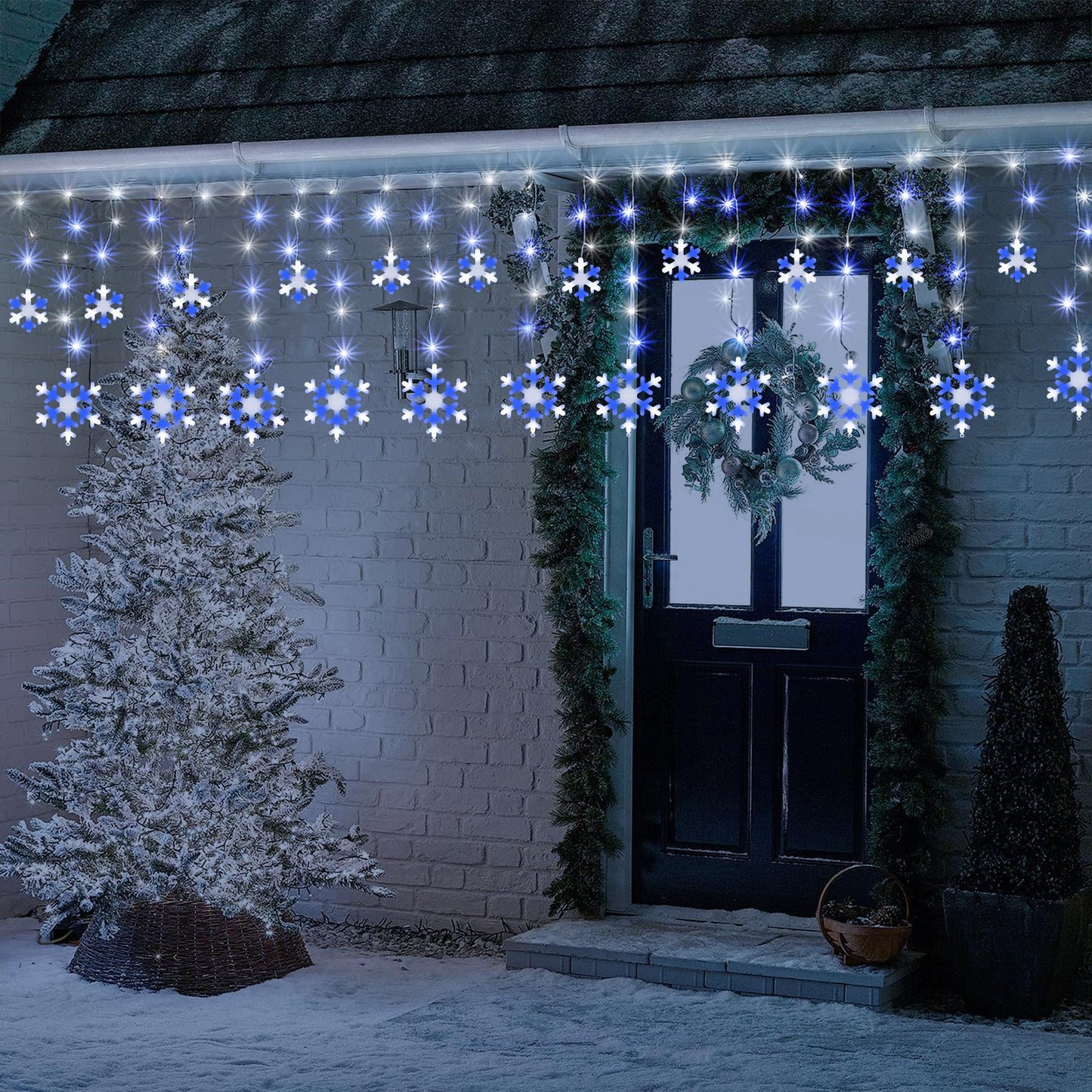 Christmas Snowflake Lights Outdoor, 17.22ft 264 LED Snowflake Icicle Lights with 22 Drops, Connectable, 8 Modes Waterproof Christmas Light for Eaves, Window, Xmas Decor - White & Blue