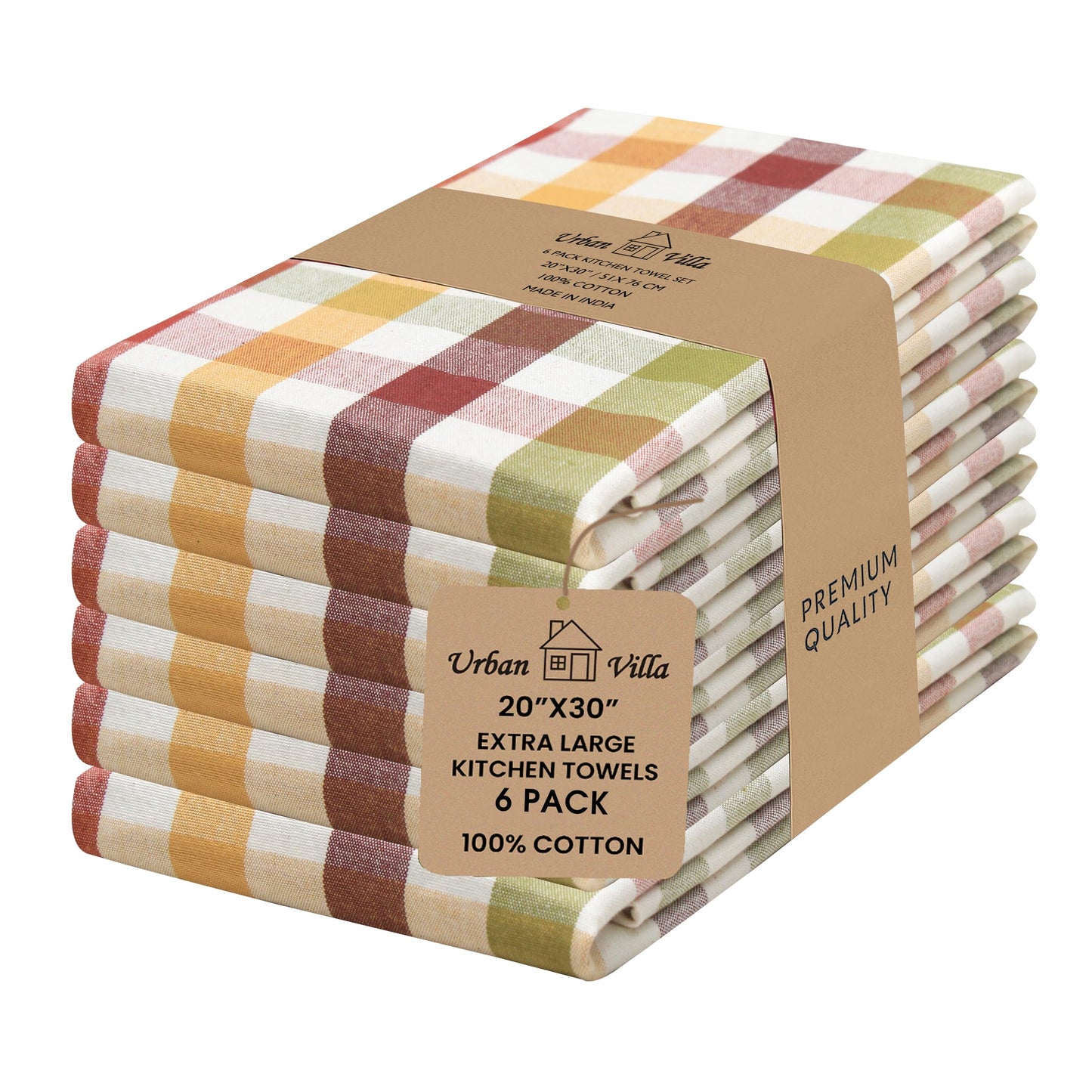 Urban Villa Fall Kitchen Towels Harvest Checks Dish Towels Set of 6 20" X30” 100% Cotton Highly Absorbent Quick Drying Dish Cloths & Dish Towels Thanks Giving Tea Towels with Hanging Loop Bar Towels
