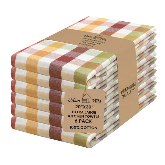 Urban Villa Fall Kitchen Towels Harvest Checks Dish Towels Set of 6 20" X30” 100% Cotton Highly Absorbent Quick Drying Dish Cloths & Dish Towels Thanks Giving Tea Towels with Hanging Loop Bar Towels