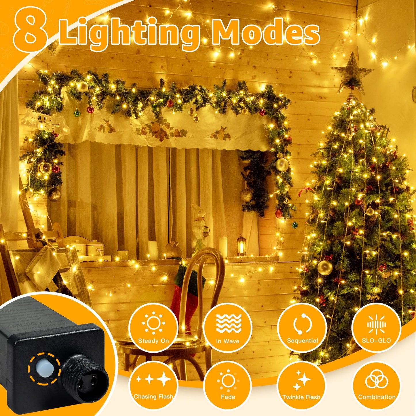 Ollny Christmas Lights 120LED 40FT, Warm White Fairy Lights Waterproof Connectable Timer, 8 Modes Plug in String Lights for Bedroom Outdoor Tree Indoor House Decorations