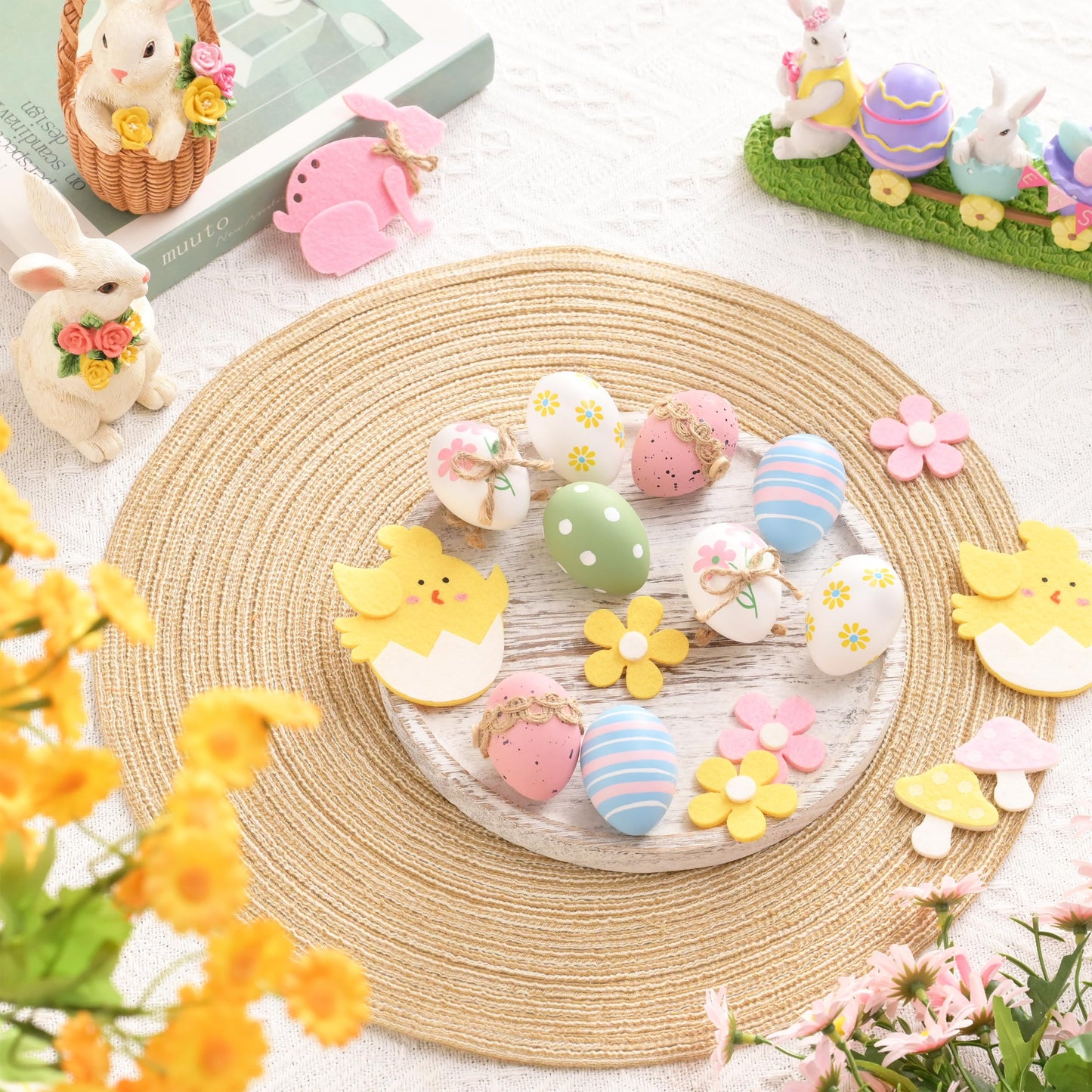 12Pcs Plastic Easter Eggs Ornaments Tree Decoration, 2" Pastel Pink Blue Easter Eggs Bulk, Shatterproof Decorative Hanging Decorations for Spring Holiday Party Decor
