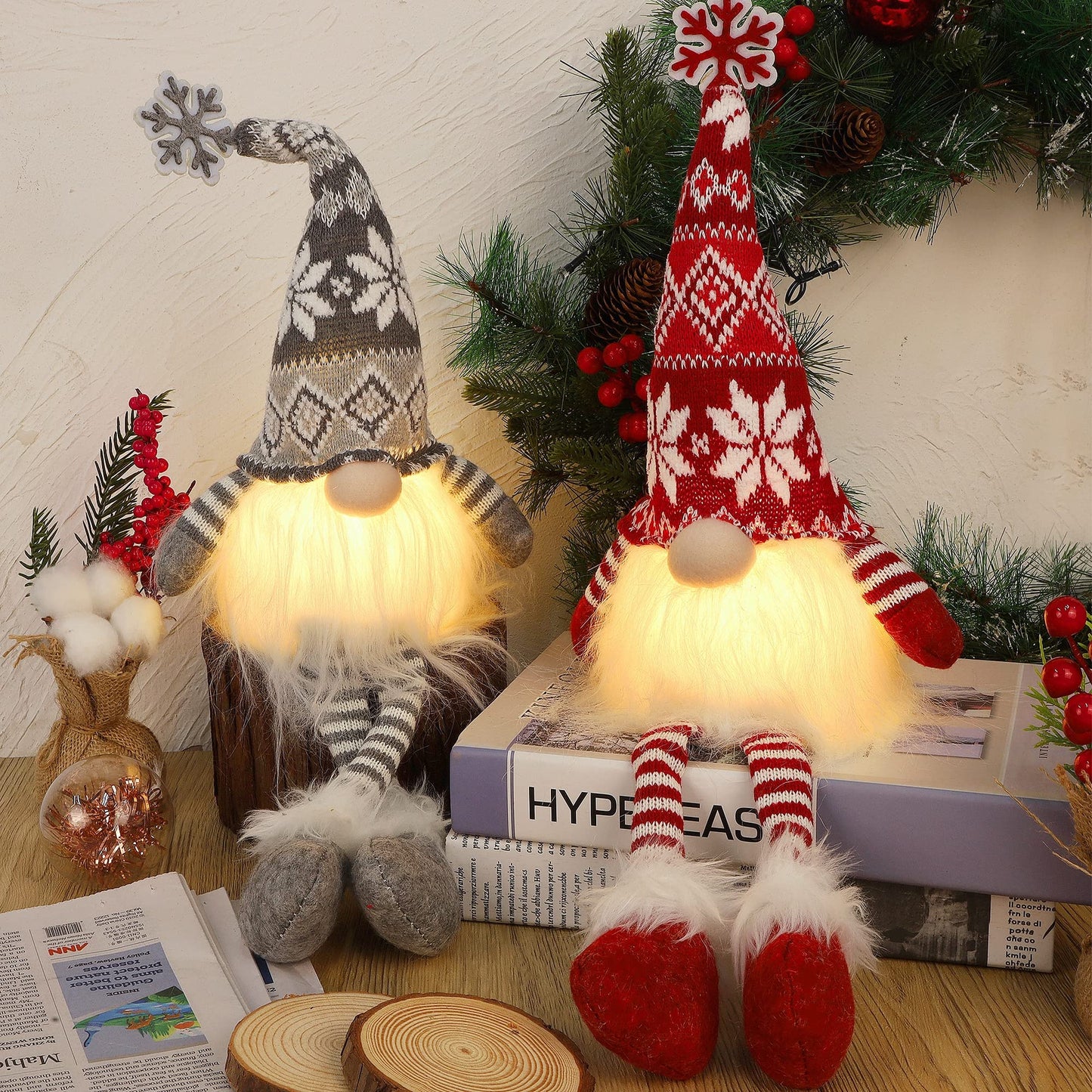 2 Pack Lighted Christmas Gnomes with Dangling Legs, 19.5Inch Handmade Scandinavian Swedish Tomte, Battery Operated Winter Tabletop Christmas Decorations Collectible Figurines