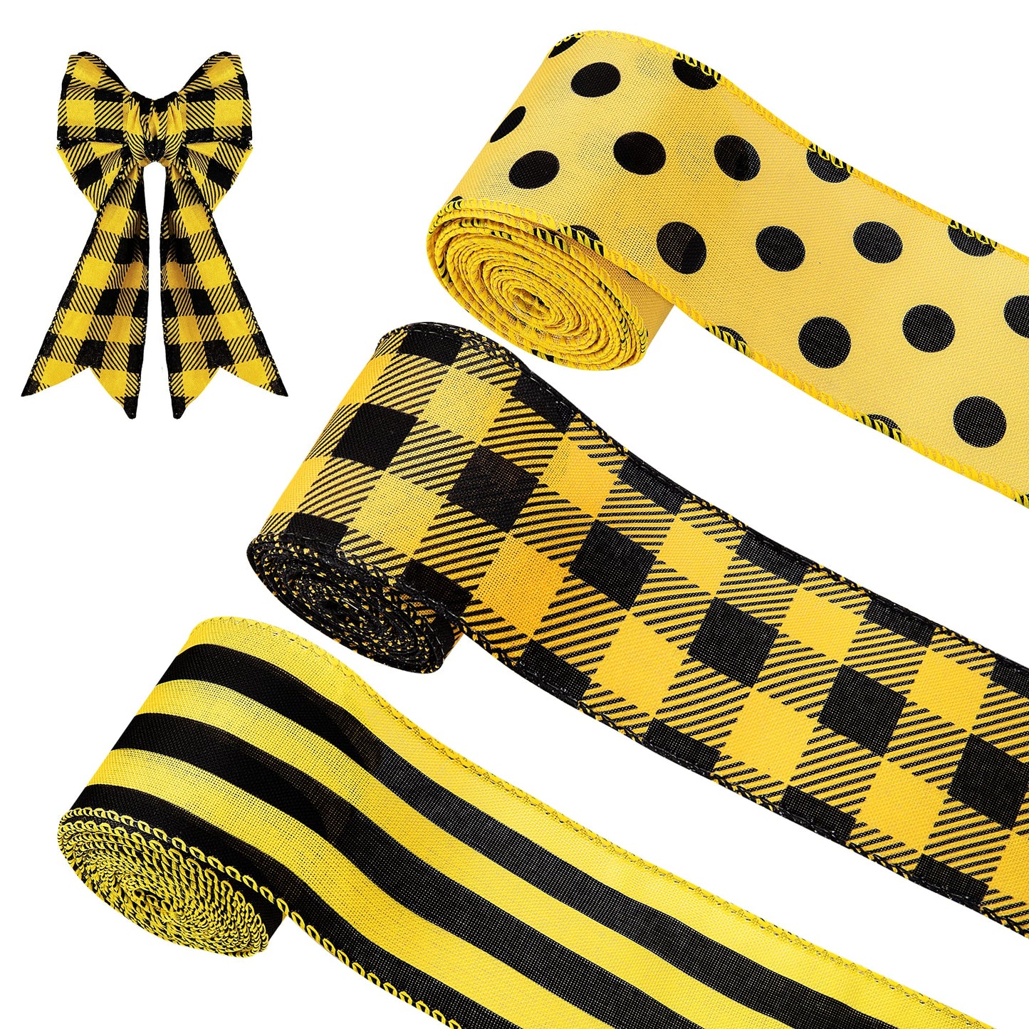 3 Pack 18 Yard Bumble Bee Ribbon Wired Polka Dot Wired Edge Ribbon Bee Vertical Stripe Craft Ribbon Decorative Ribbon for Wrapping, Party Decoration, Hair Bows, Crafting and Sewing