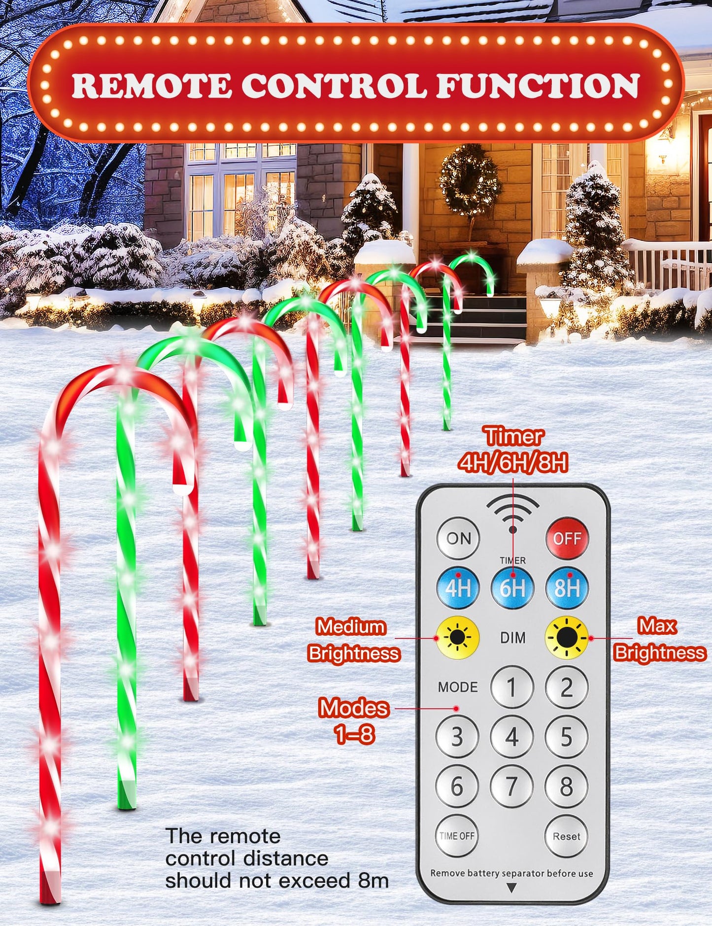 Solar Christmas Pathway Lights Outdoor Decorations, Solar Candy Cane Lights for Yard Patio Garden Walkway with 8 Light Mode, Remote, Timer, 48 LED, Upgraded Christmas Outdoor Decorations, 8 Pack