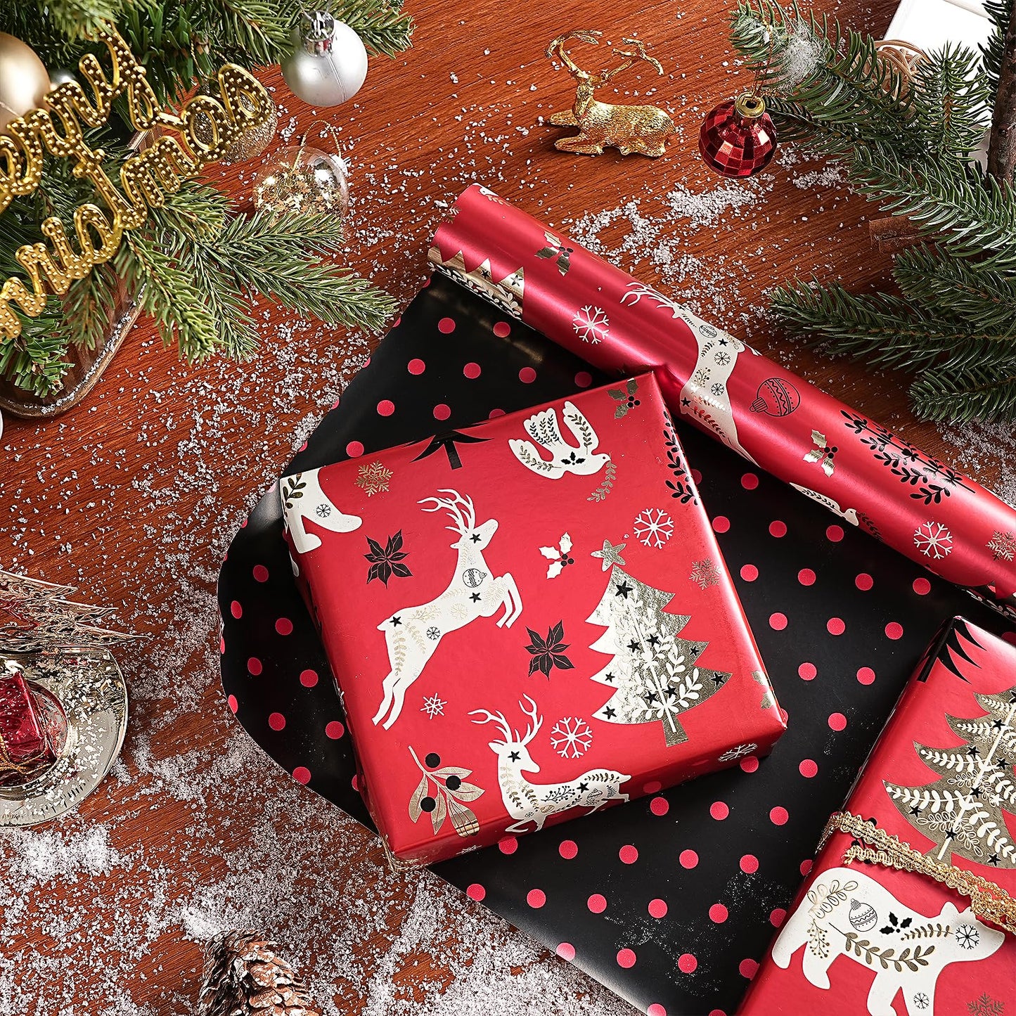 Christmas Reversible Wrapping Paper Roll, Mini Roll, Red Black Reindeer and Tree Design, Black with Red Polka Dots Gift Wrap Paper for Adults, Kids and Holiday Gifts, 17 Inches x 32.8 Feet