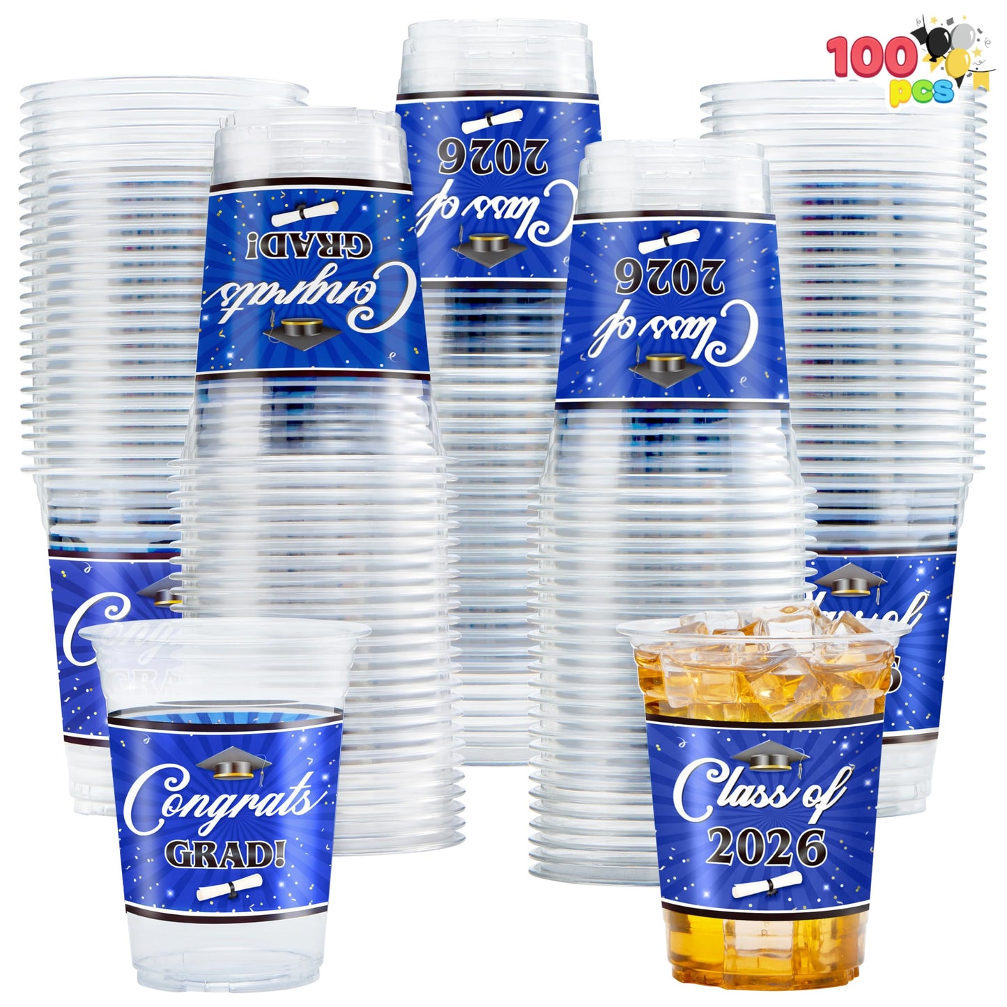 JOYIN 100 Pcs 16oz Graduation Party Plastic Cups (Blue), Grad Disposable Cups for Class of 2026 Graduates, PET Cup Tableware Bulk for 2026 High School College Graduation School Grad Party Supply Decor