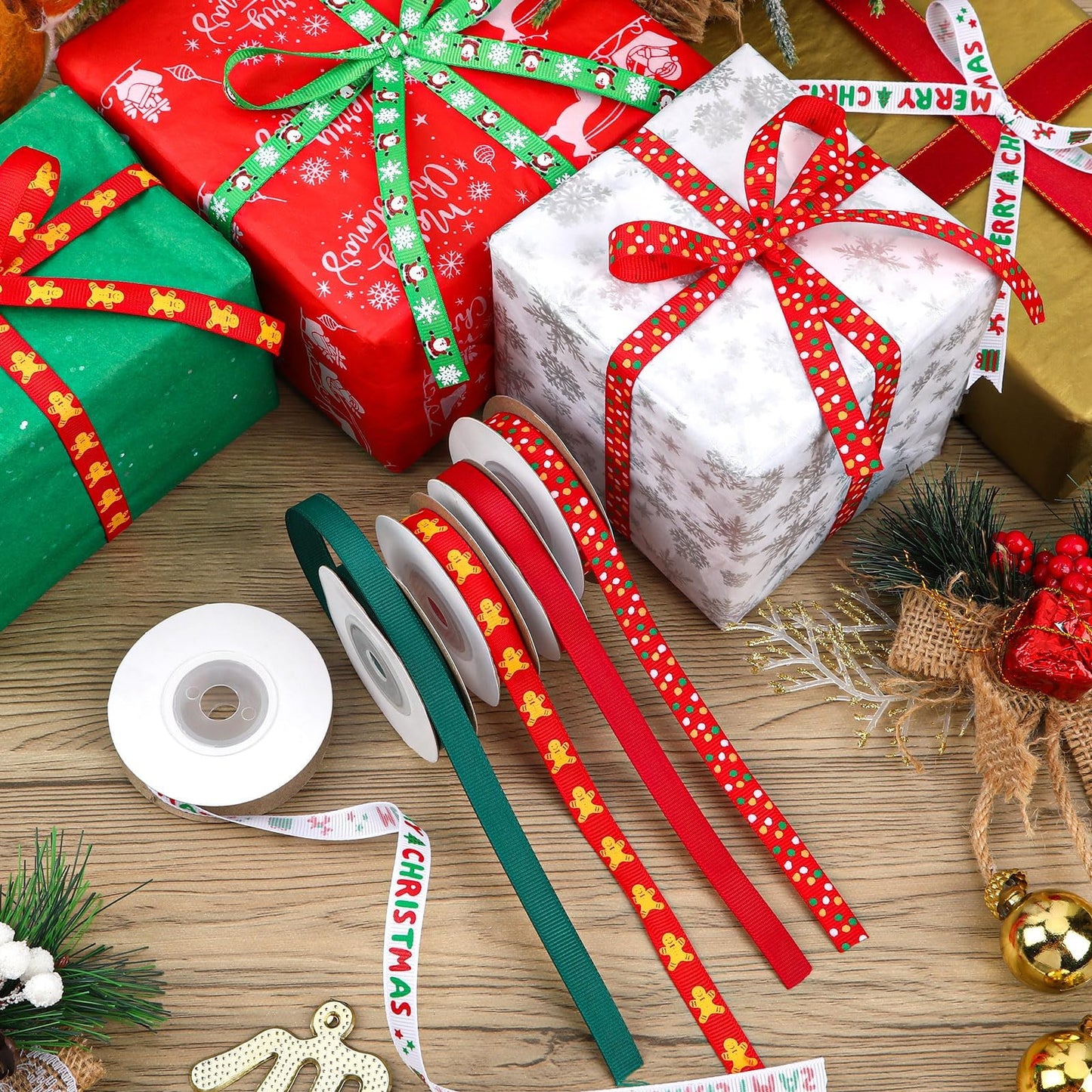 Christmas Ribbon, 6 Rolls 60 Yards Snowflakes Santa Claus Gingerbread Man Dots Ribbon for Christmas Crafts, 10mm Wide Grosgrain Ribbons for Gift Wrapping, Party, Home Decor