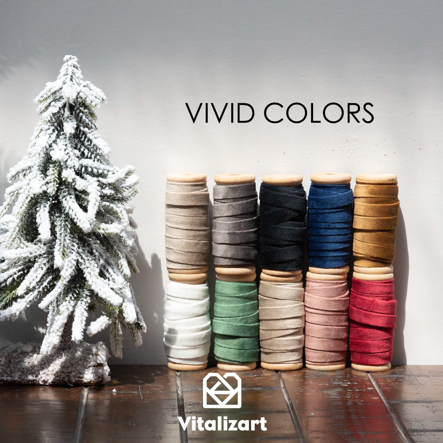 Vitalizart Rose Gold Velvet Ribbon Set 3/8"" x 15Yd Wooden Spool Fabric Trim Eco-Friendly 3 Rolls * 5Yd for Christmas Wreath Decoration Handmade Craft Ornaments Gift Wrapping & Bow Making