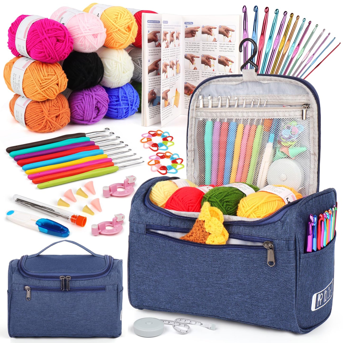 Aeelike Crochet Kit for Beginners Young and Old, First Crochet Kit for Adults Include 23pcs Crochet Hooks, 655 Yards Yarn Set for Crocheting, Instruction, Bag, Crochet Accessories and Supplies, Navy