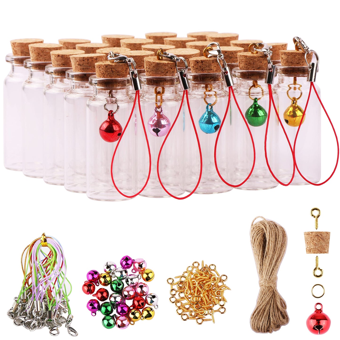 MaxMau 25pcs Small Glass Bottles with Cork Stoppers DIY Art Craft Storage 10ml Mini Glass Vials,Tiny Jars for Wedding Party Favors Home Decoration with Connection Accessories Twine Bell