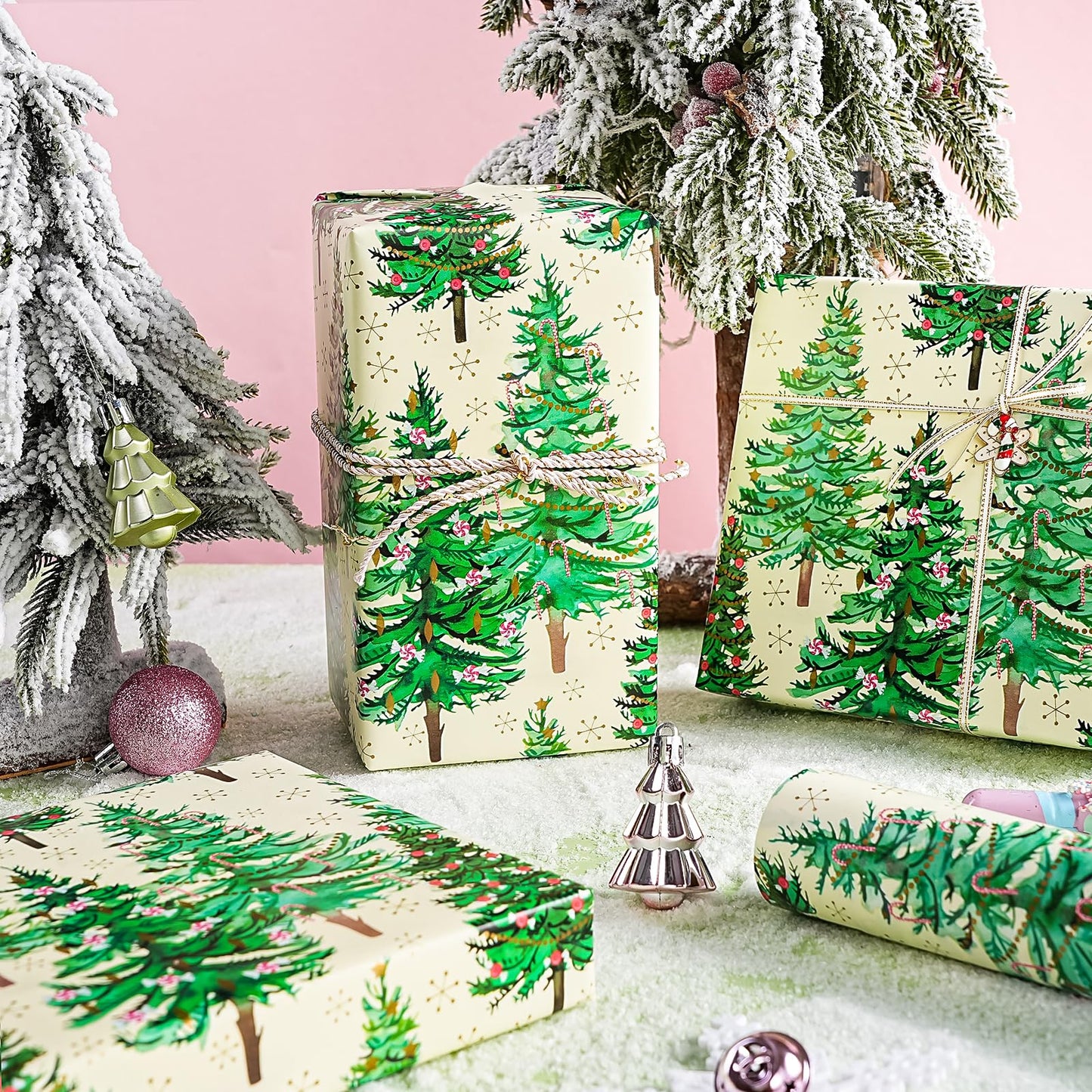 Christmas Wrapping Paper - Mini Roll - 17 Inch x 33 Feet - Gold Print Christmas Tree Wrapping Paper for Xmas Holiday, Party Celebration