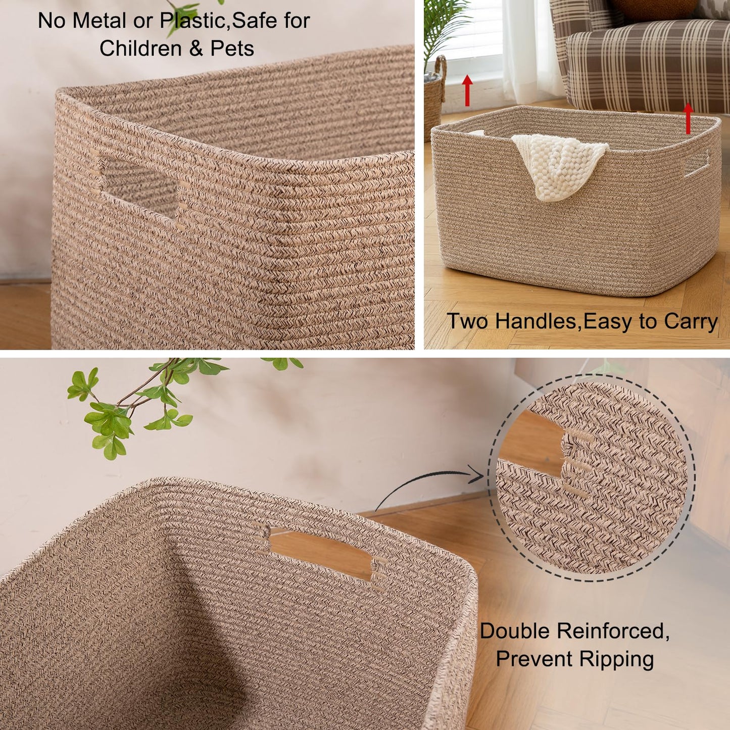 OIAHOMY Cotton Rope Basket, Rectangle Woven Nursery Blanket Basket, Toy Storage Basket with Handle, Baskets for Organizing, 18”x14”x12”, Brown variegated