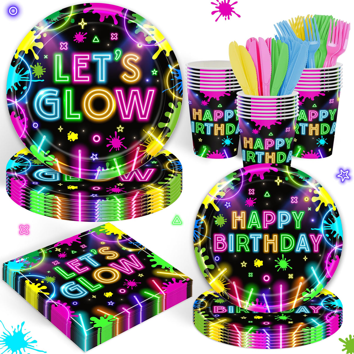 120PCS Let's Glow Party Supplies Neon Birthday Party Decorations for Kids Neon Glow in the Dark Tableware Set Plates Napkins Cups Forks Knives for 20 Guests
