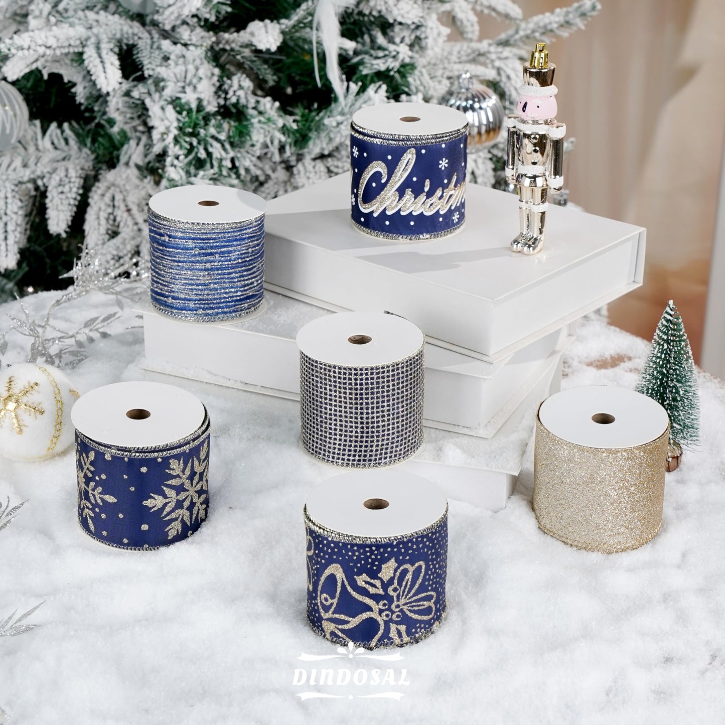 DINDOSAL Navy Blue and Gold Christmas Tree Ribbon - 2.5 Inch Wired Ribbon, 6 Rolls for Wreaths, Bows, Decorations