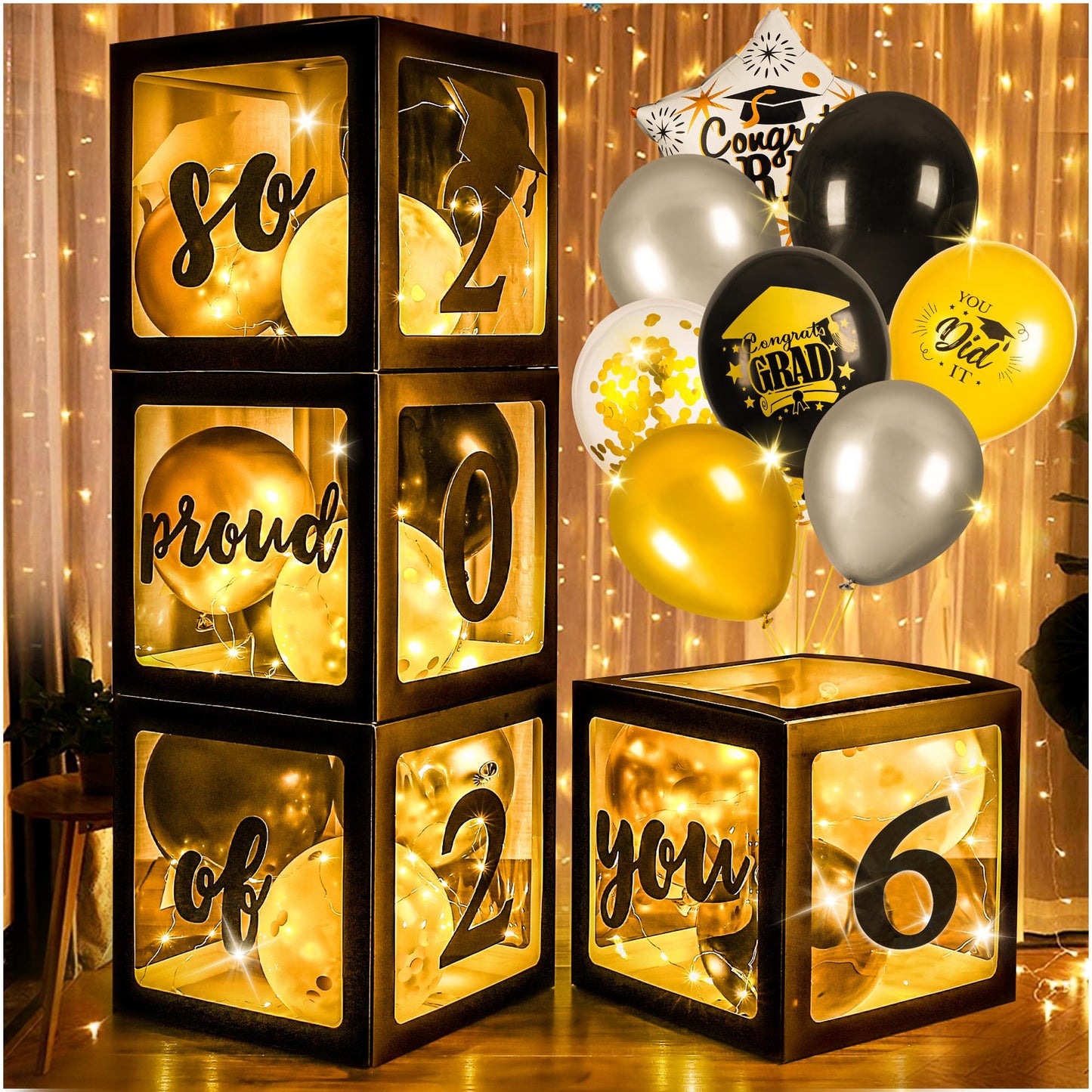 AYGXU Graduation Decorations 2026-Graduation Party Decorations,Graduation Balloons Boxes(4PCS) with LED Light Strings & Letters 2026 GRAD So Proud of You,Party Favors For Any Grades Class.