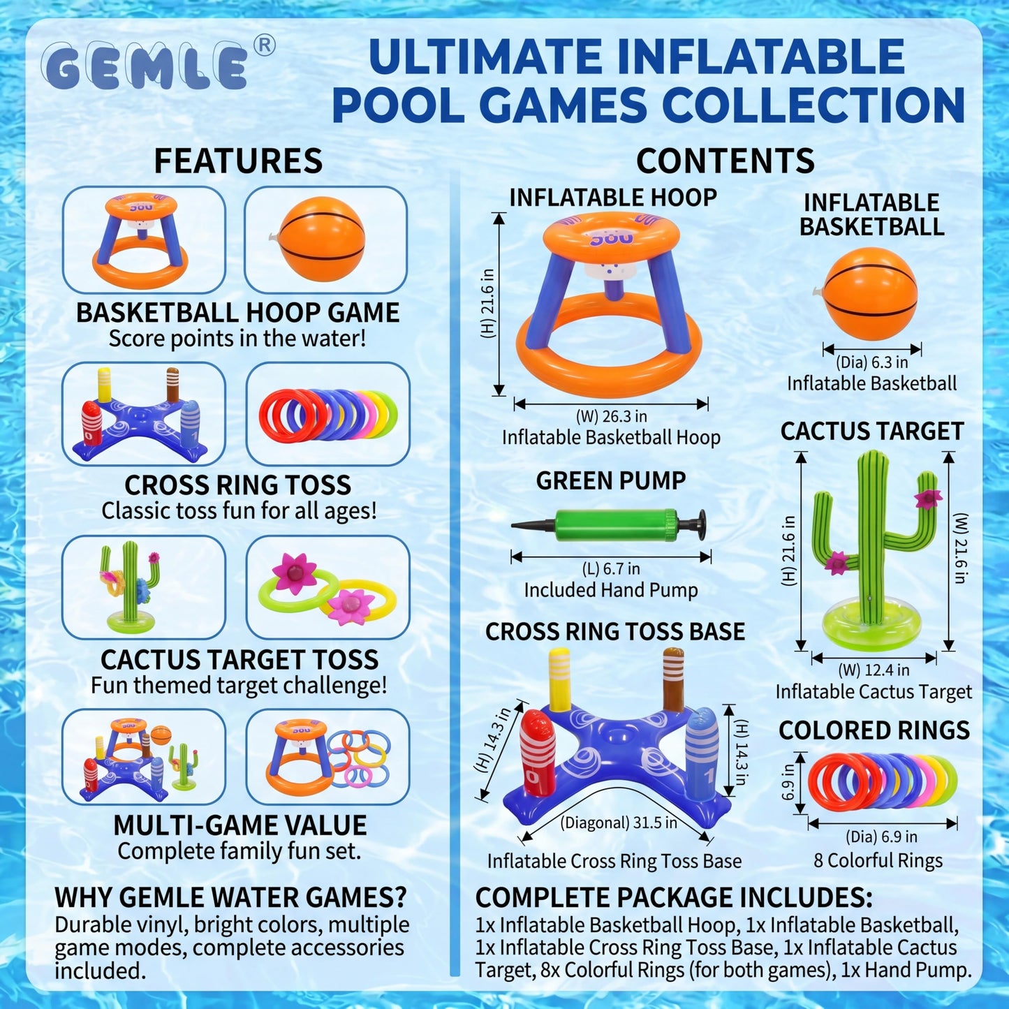 Gemle Pool Toys Games Set,Pool Basketball Hoop Inflatable Cross Ring Toss Game and Inflatable Cactus Kids for Teens Adults and Family (3 Set Water Toys)