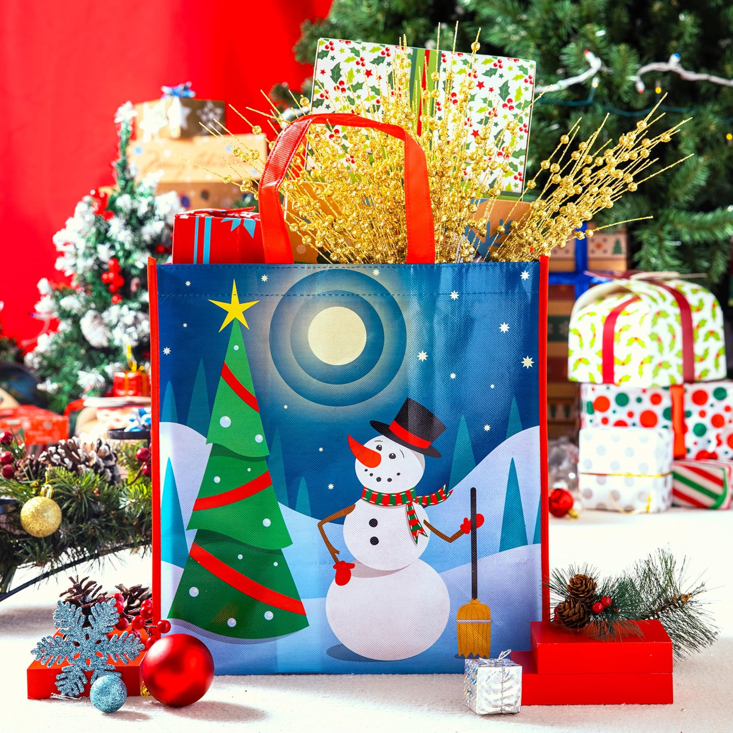 12 PCS Christmas Large Gift Bags with Handles 13.75" x 14", Non-Woven Tote Bag for Wrapping Xmas Party Favors, Reusable Grocery Bags, Party Supplies