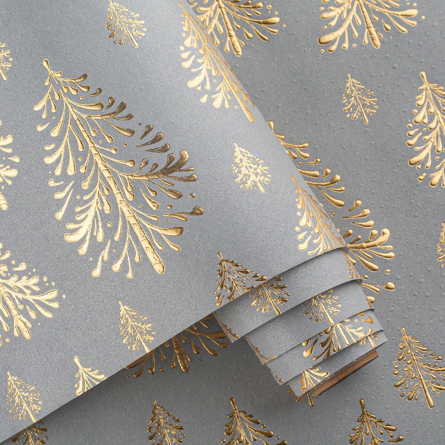 Kraft Christmas Wrapping Paper,Gray and Gold 3D Embossed Foil Christmas Tree with Woodlands Wrap Paper for Holiday, Party,Celebration, New Year (17 Inch X 32.8 Feet)