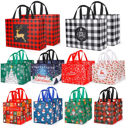 20 Pack Christmas Gift Bags Assorted Sizes, Reusable Tote Bags with Handle, Includes 4 Large 8 Medium 8 Small Non-Woven Christmas Bags for Xmas Party Favors