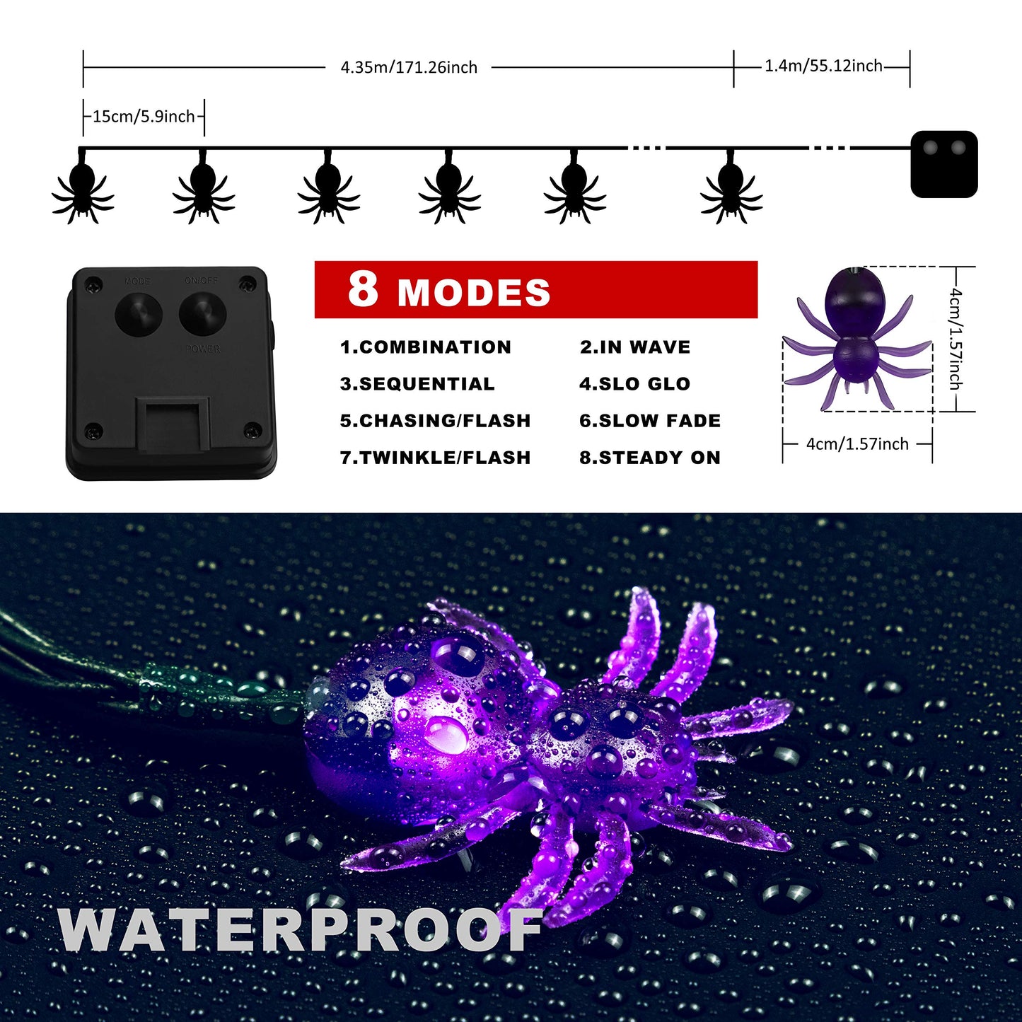 Qunlight Solar String Lights, 2Pack 30 LED 20ft Purple Spider Lights with 8 Modes Waterproof Fairy Lighting for Halloween Party Decor, House, Garden, Yard Decoration
