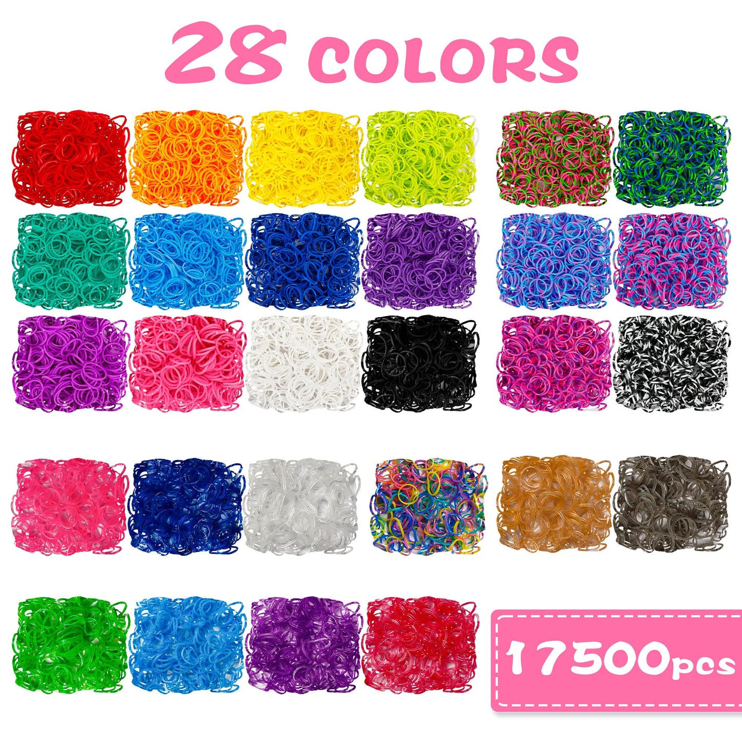 INSCRAFT 17500+ Rubber Loom Bands with 3 Layer Pink Container, 28 Colors, 600 S-Clips, 352 Beads, 40 Cartoon Pendant, Bracelet Making Refill Kit for Kids