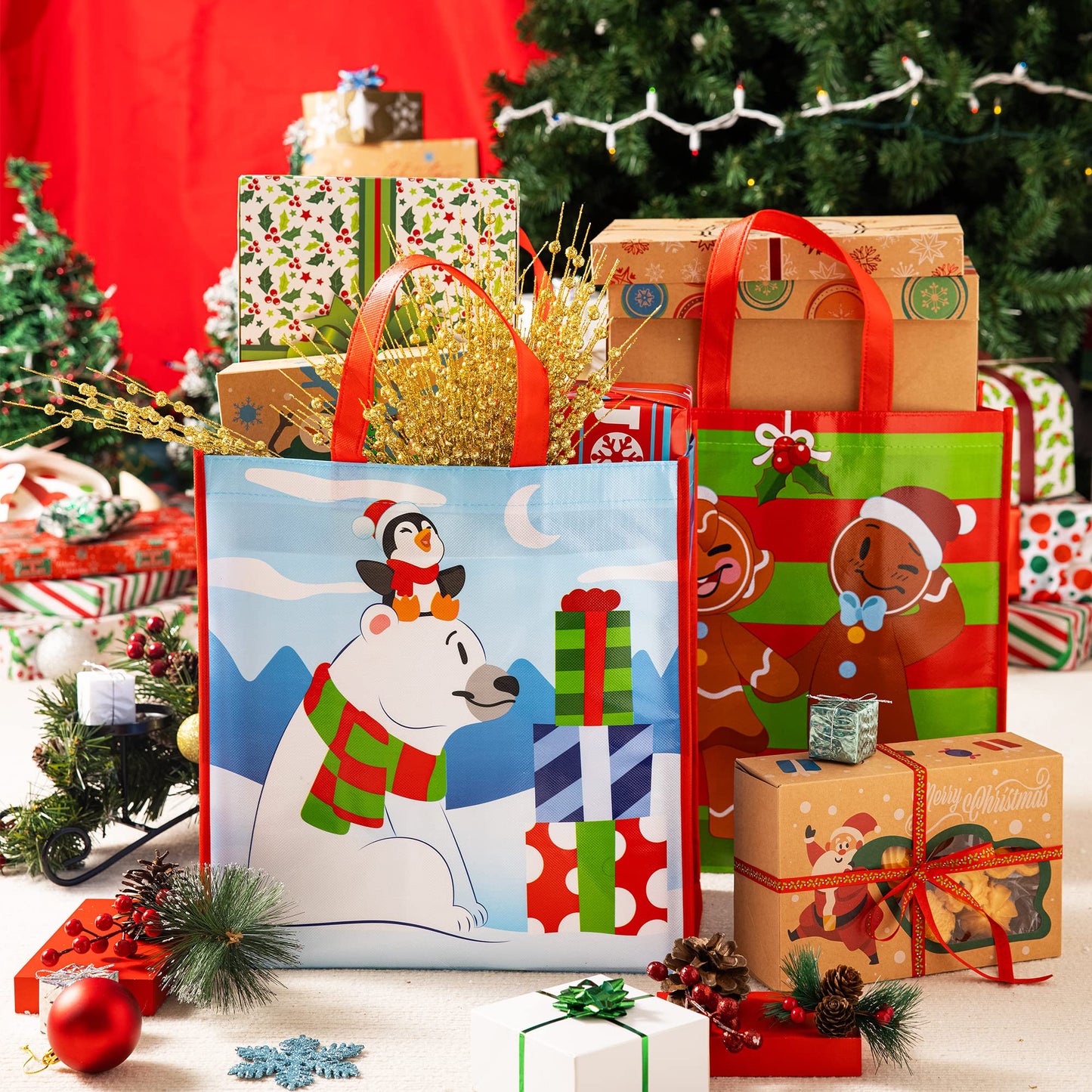 12 Christmas Extra-Large Gift Bags 13.75"x8"x14", Reusable Non-Woven Tote Bag With Handles for Xmas Wrapping Holiday Party Favors, Grocery Shopping