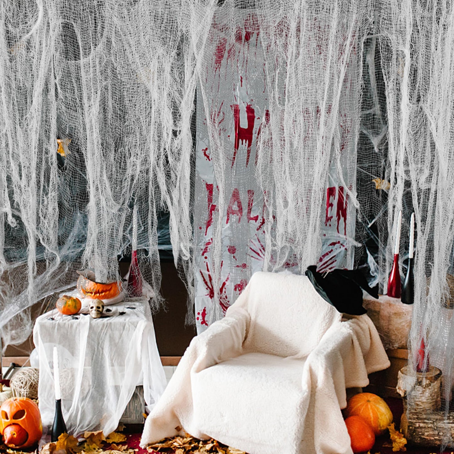 Tlswshsy 200" x 59" Halloween Spooky Cloth - Creepy Spooky Halloween Decorations - Large Size Scary Creepy Gauze for Halloween Party Supplies Stairway Window Table Doorways Decor