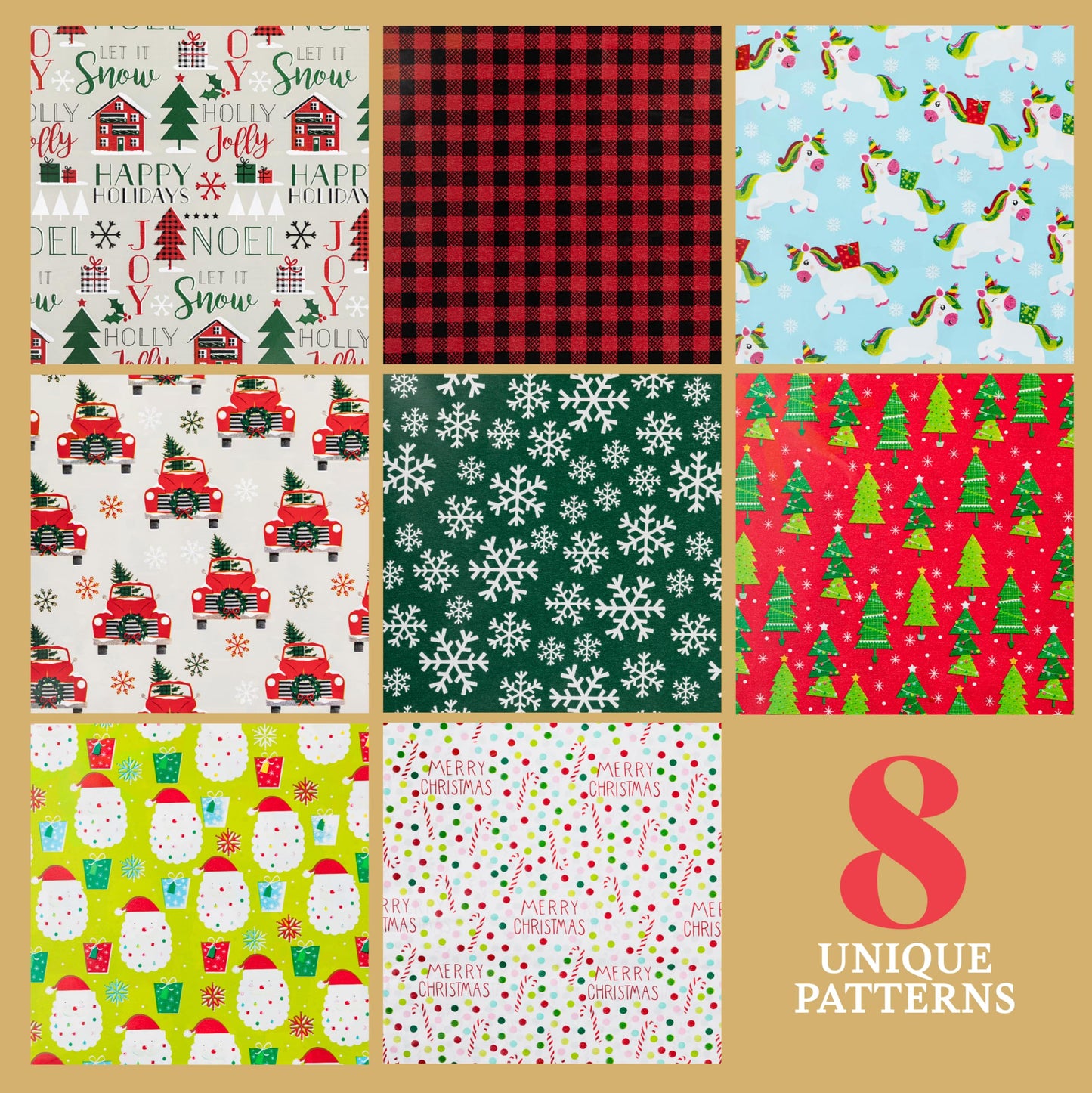 Holiday Wrapping Paper Sheets – 40 Precut 30"x20" Gift Wrap Sheets – 8 Unique Festive Designs for Christmas Presents