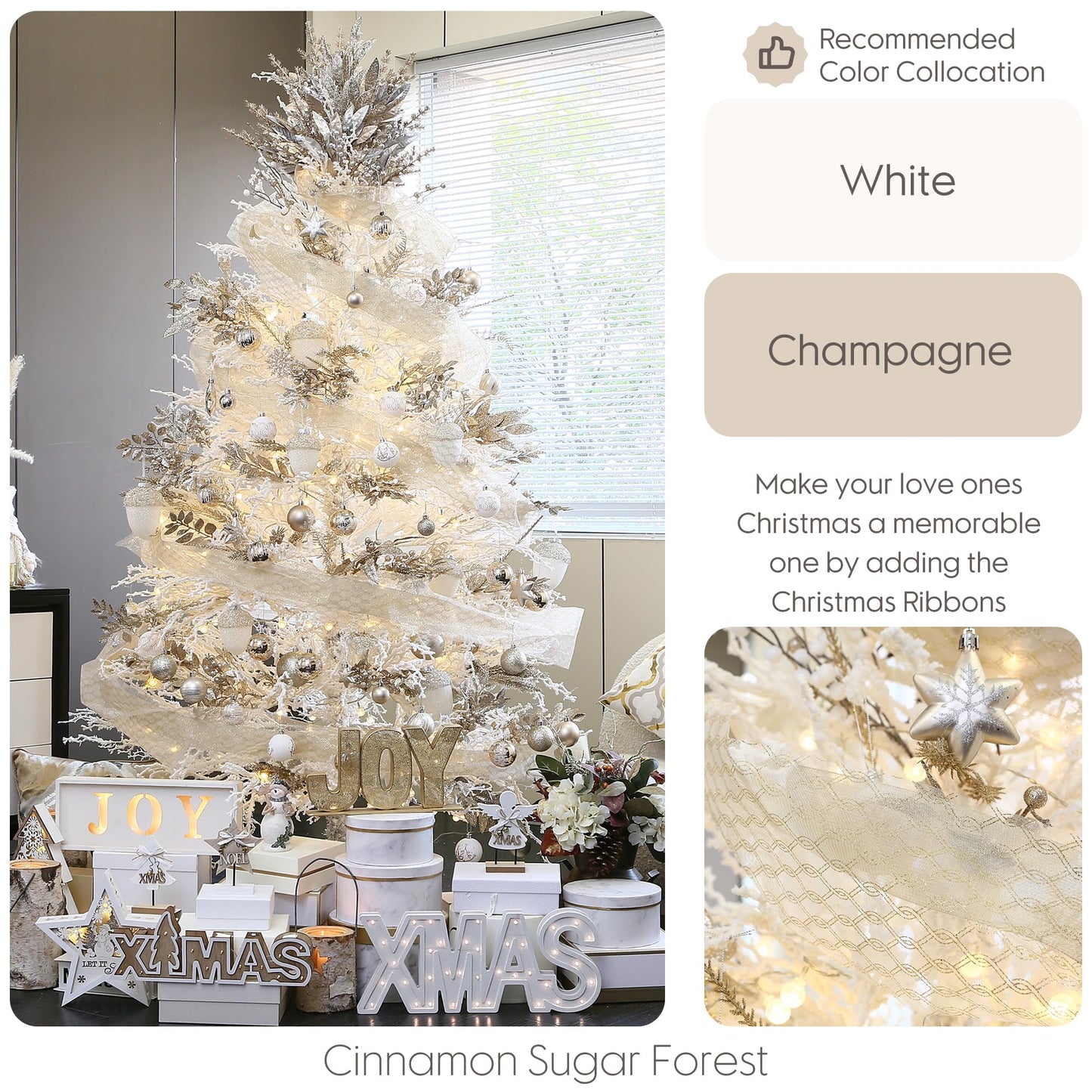 6-Inch-Wide Sheer Glitter Yarn Ribbon, Decorative Mesh Ribbon for Christmas Trees, Wreaths, Garlands, Art Crafts, Bouquets, Seasonal Decorations (3-Pack, 10-Yard/Pack, Champagne)